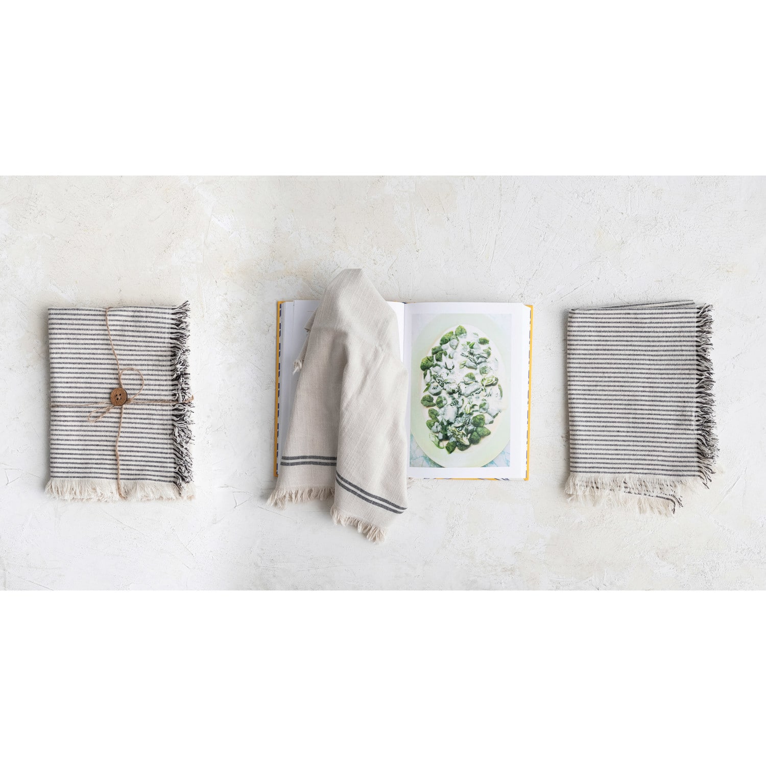 Hello Honey® Natural & Black Stripes Woven Cotton Tea Towels with Fringe Set