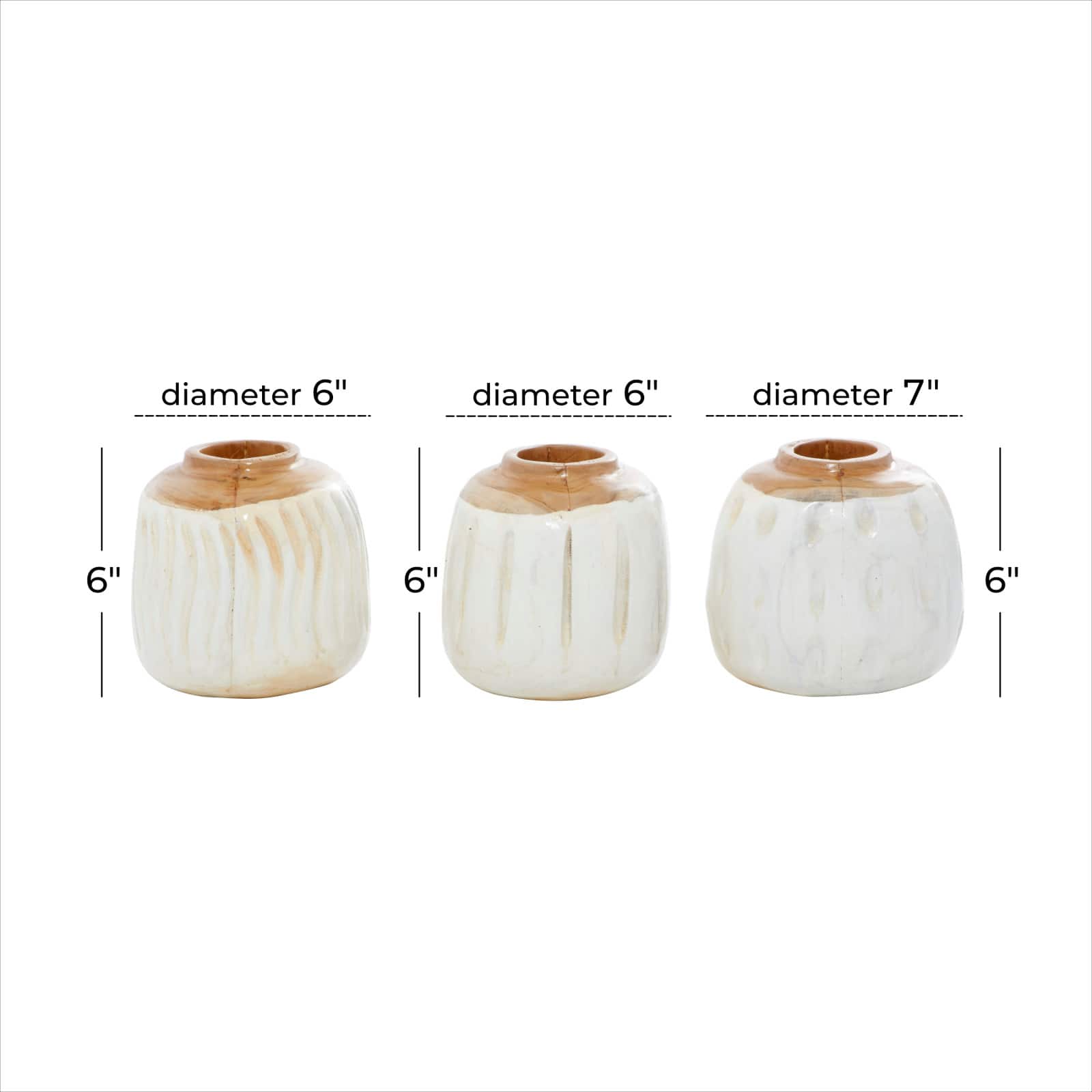 Set of 3 White Teak Wood Coastal Style Vase 6", 7"