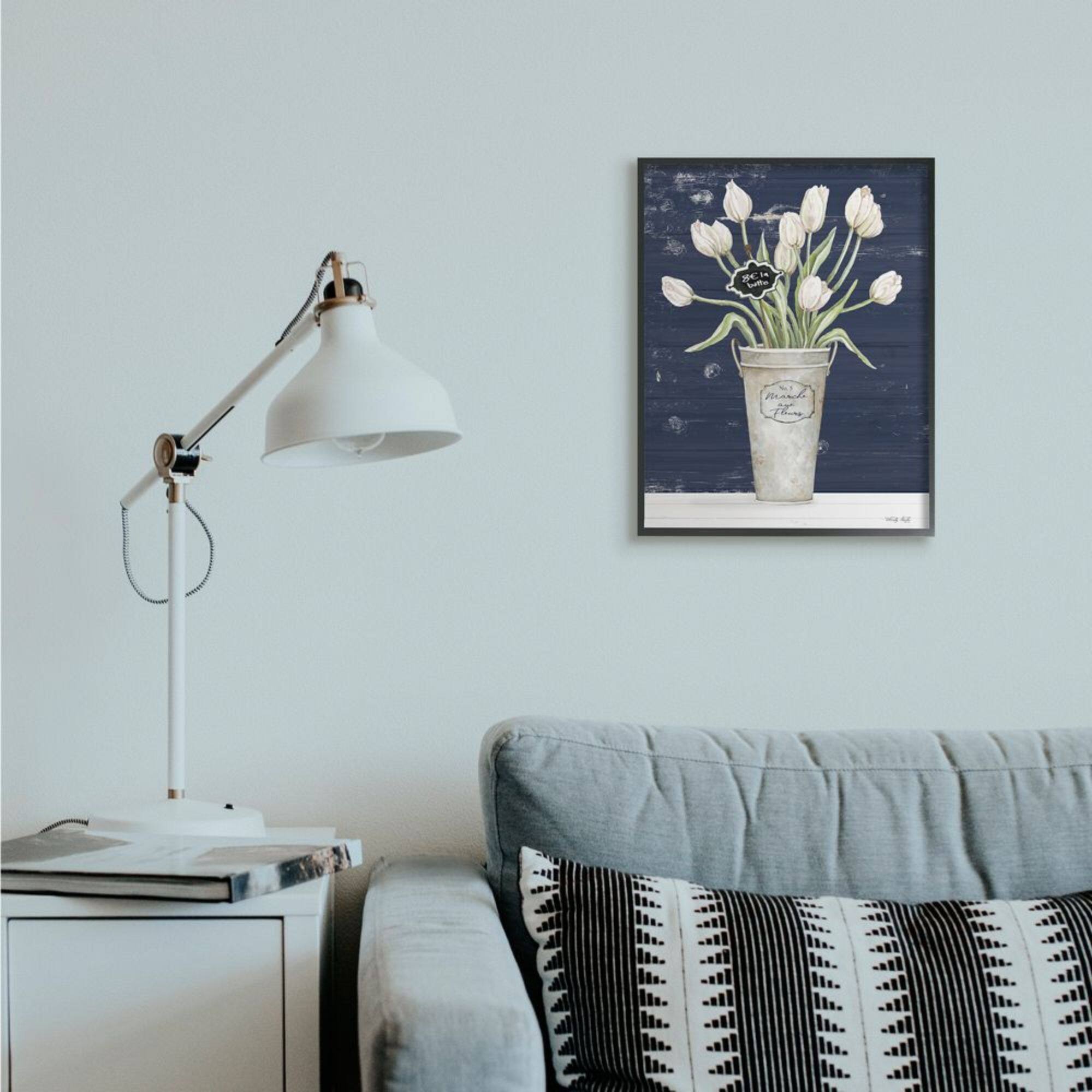 Stupell Industries Charming White Tulip Bouquet over Rustic Blue Framed Wall Art