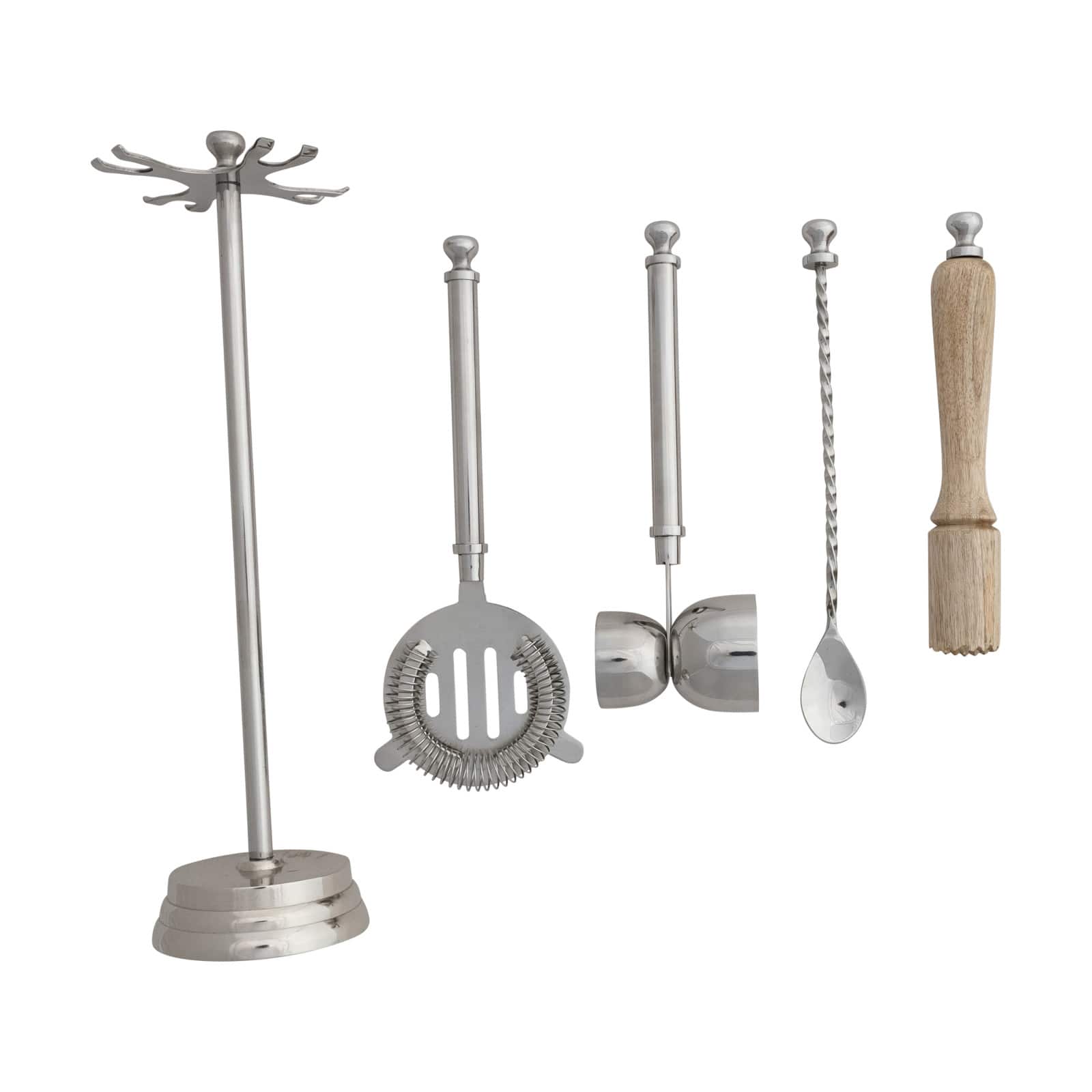 Hello Honey 5-Piece Stainless Steel and Mango Wood Bar Tools with Stand, Nickel Finish and Natural