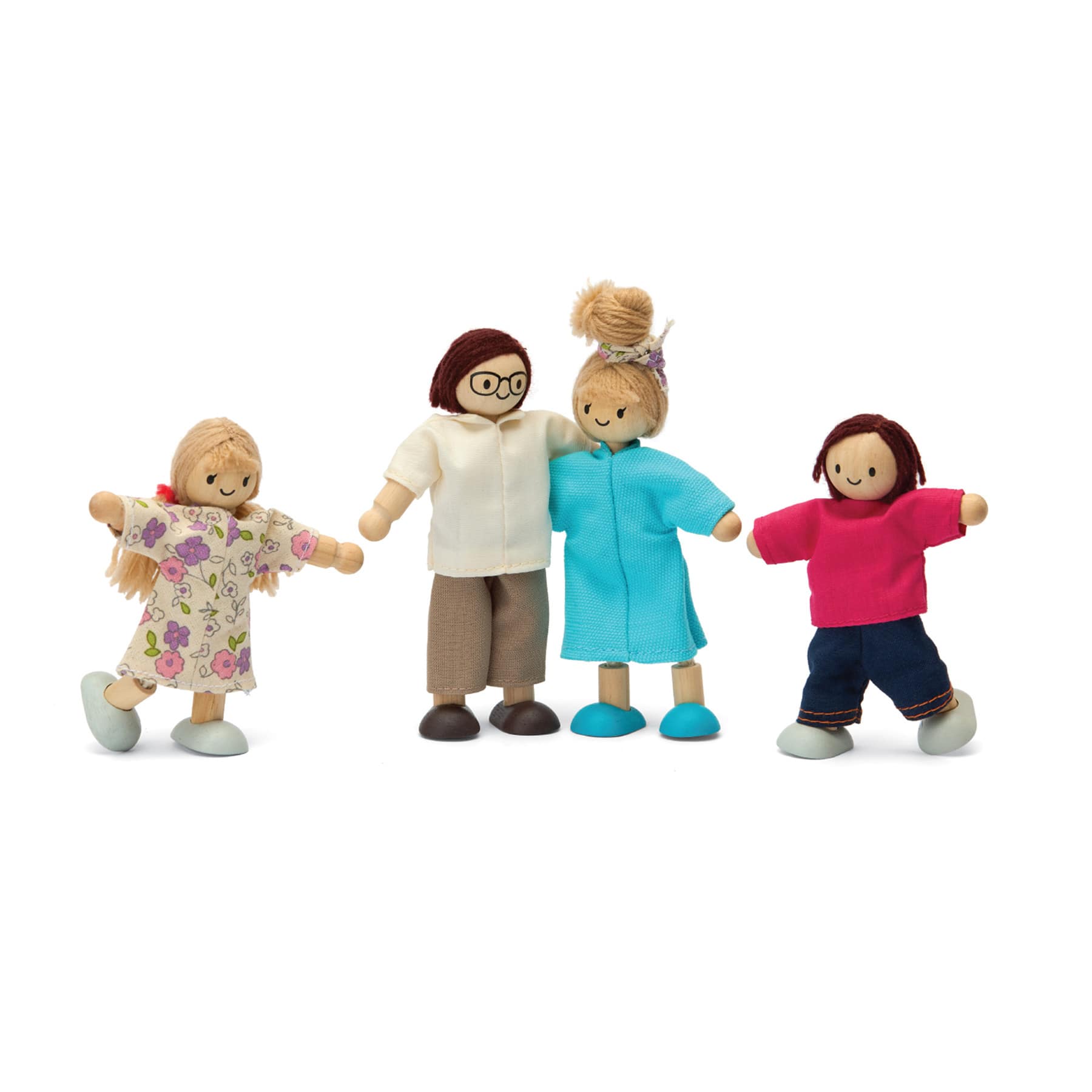 PlanToys Light Skin Tone & Brown Hair Wood Doll Family Set
