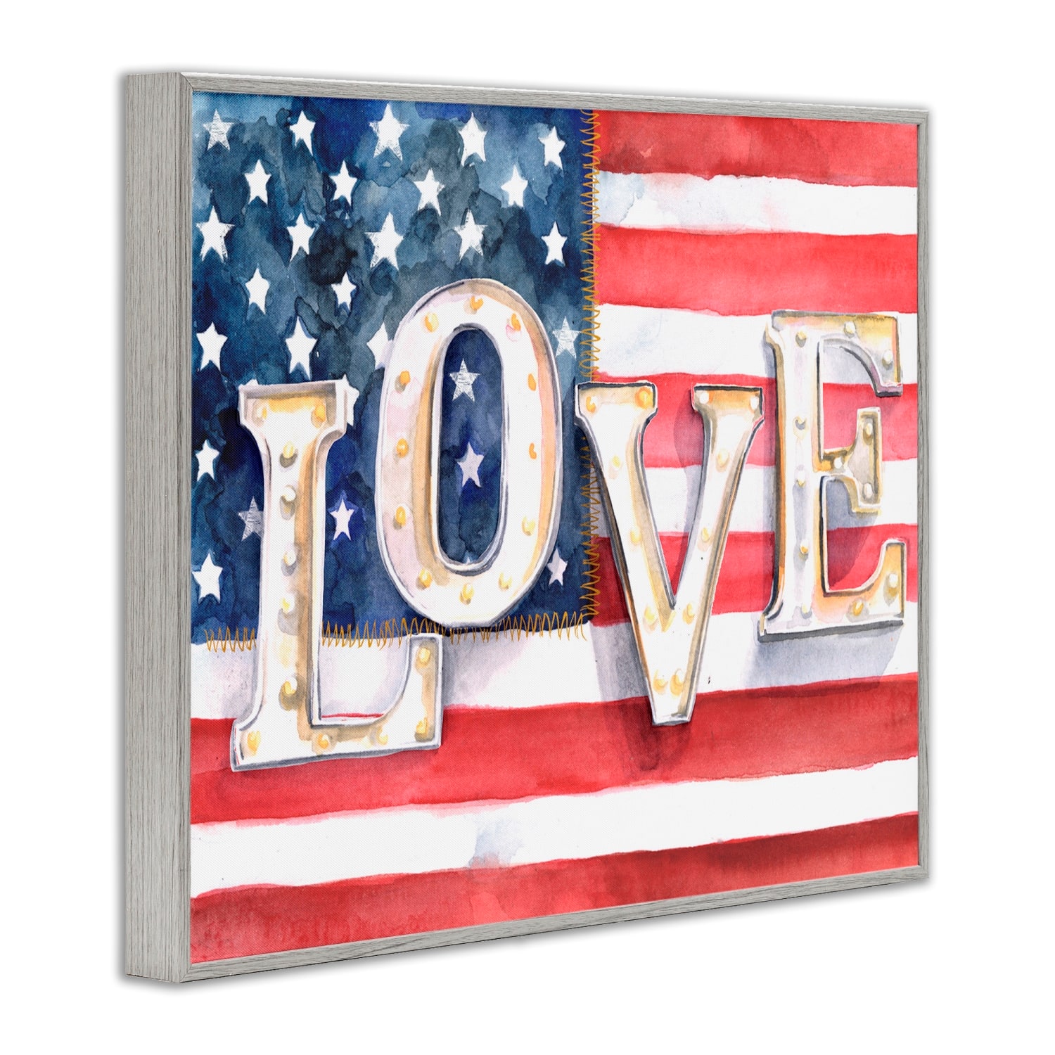 Stupell Industries Vintage Love Text Over Stitched American Flag Framed Giclee Art