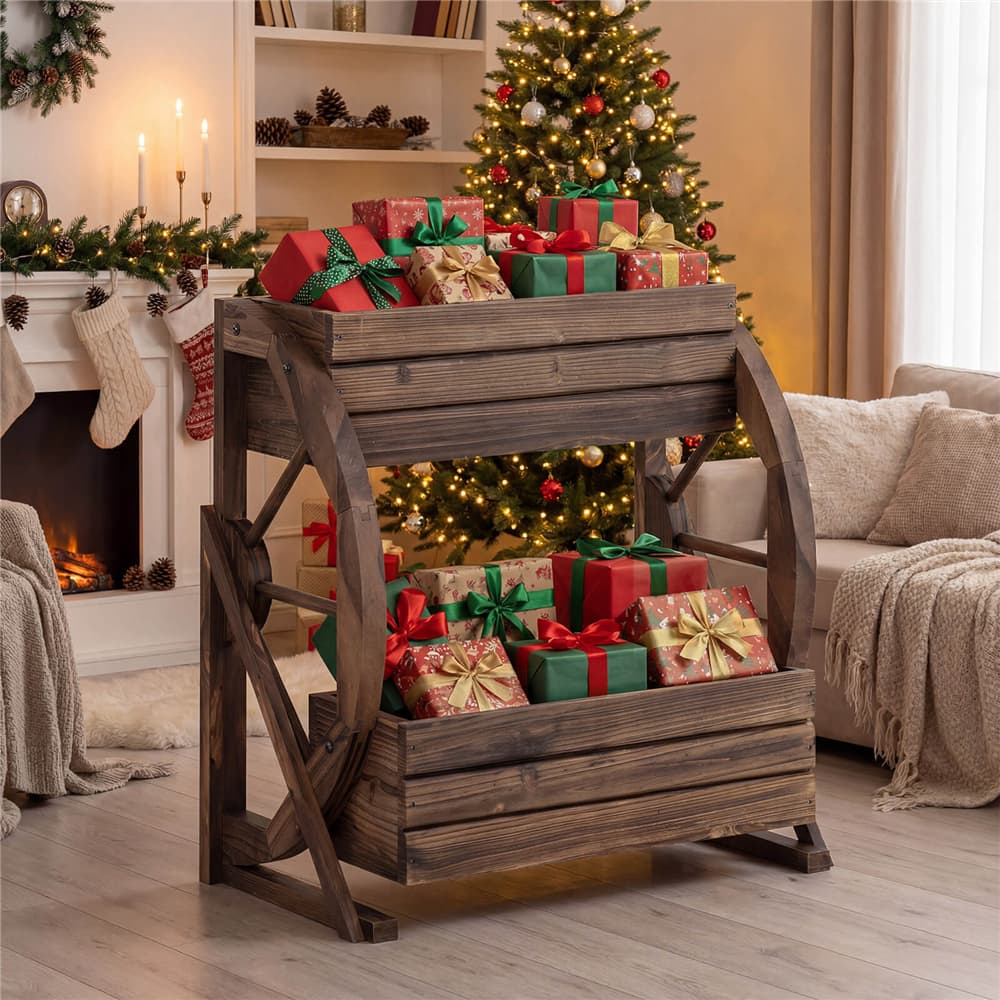 Costway 22" x 13" x 22" 2-Tier Rustic Wood Wagon Planter with Drainage Semi-Wheels Set