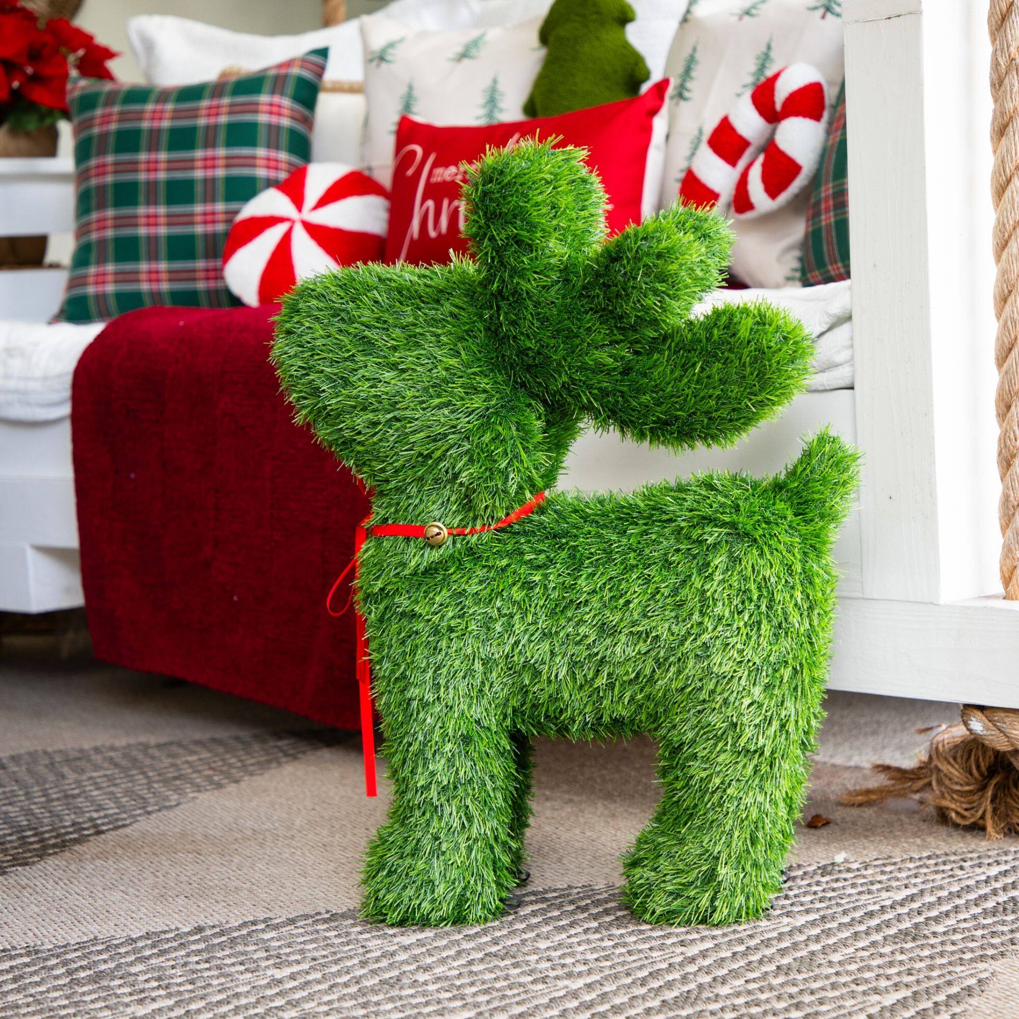 Nearly Natural 2ft. Green UV Resistant Artificial Christmas Grass Garden Plush Topiary Reindeer