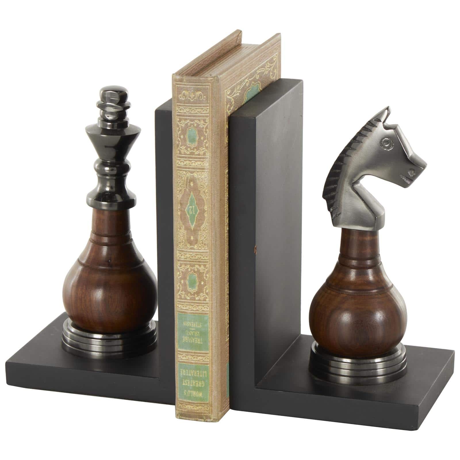 Decorative Dark Brown & Silver Chess Bookend Set