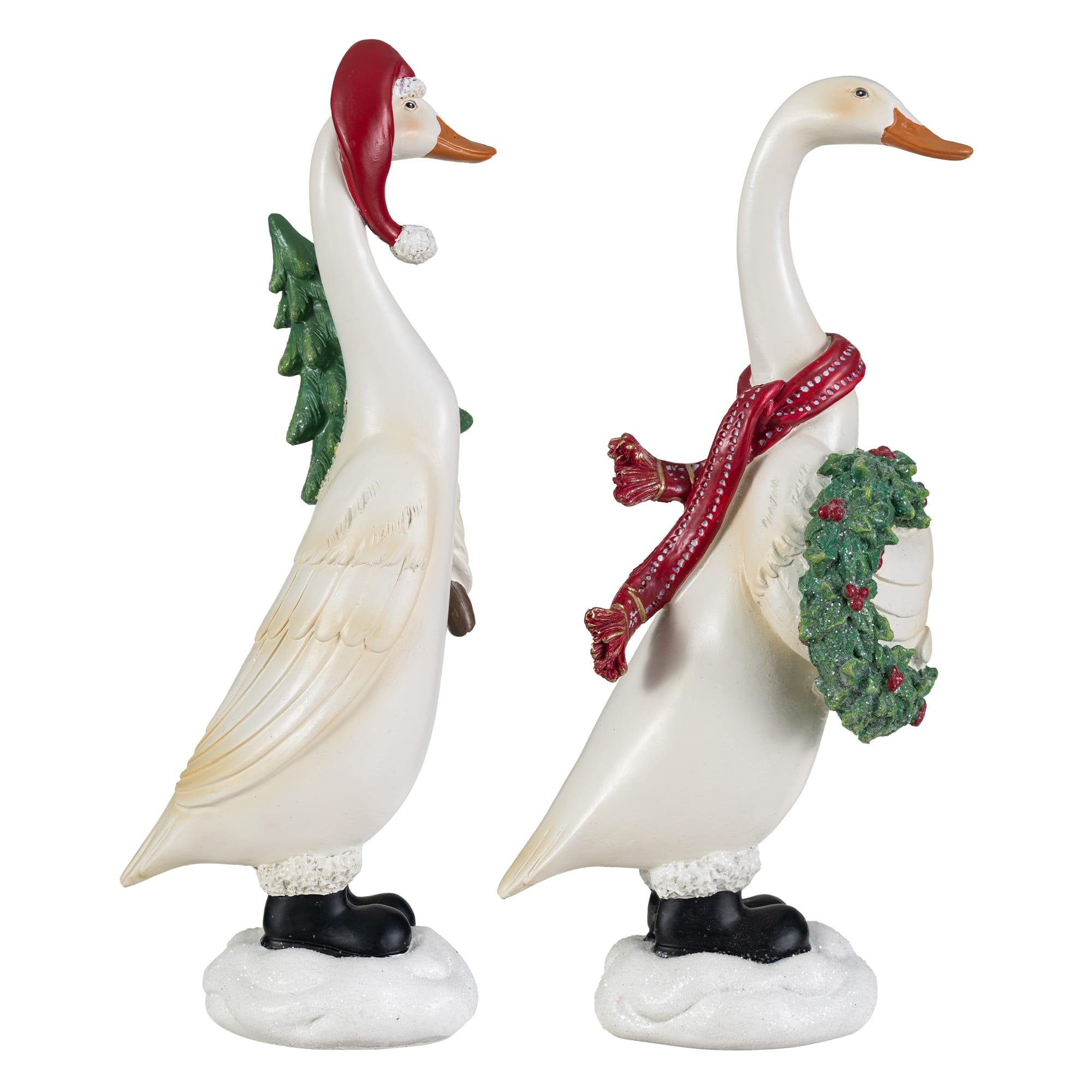 Glitzhome® Set of 2 Christmas Resin Goose with Wreath and Tree Table Decor