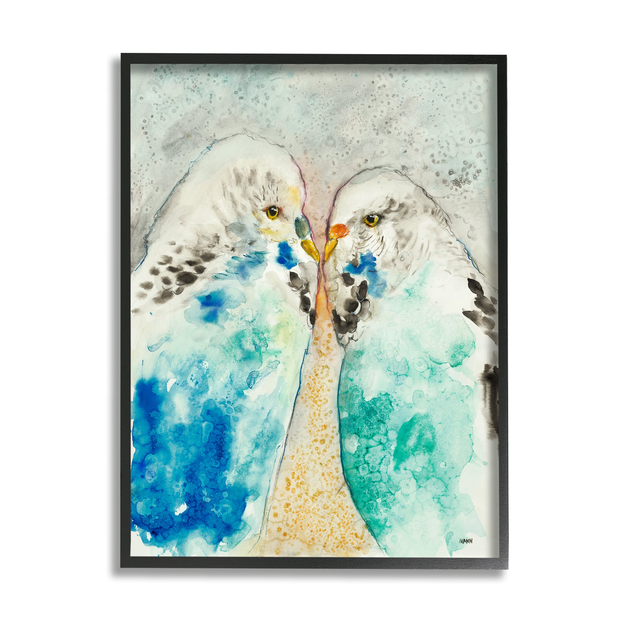 Stupell Industries Pair Blue Parakeets Birds Dotted Watercolor Detail Framed Giclee Art