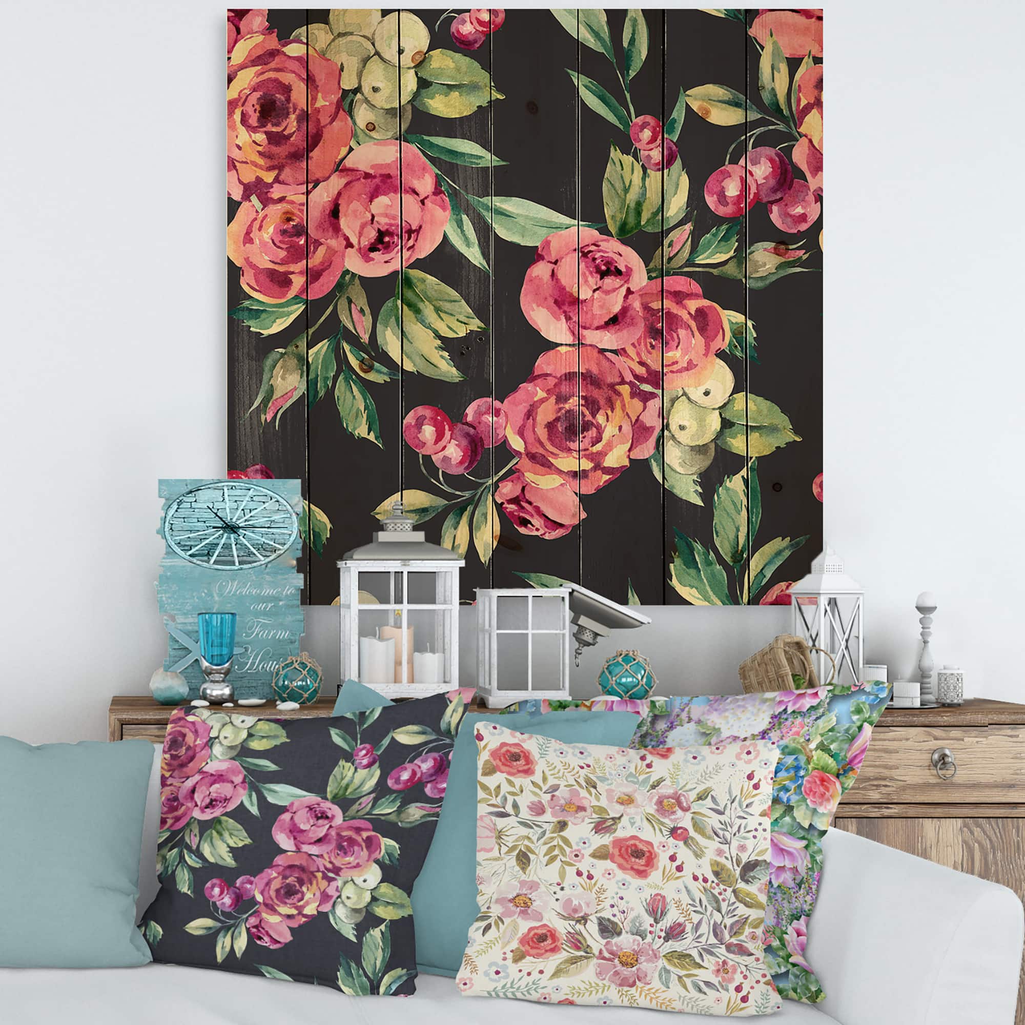 Designart - Red VIntage Roses and Berries On Black - Farmhouse Print on Natural Pine Wood