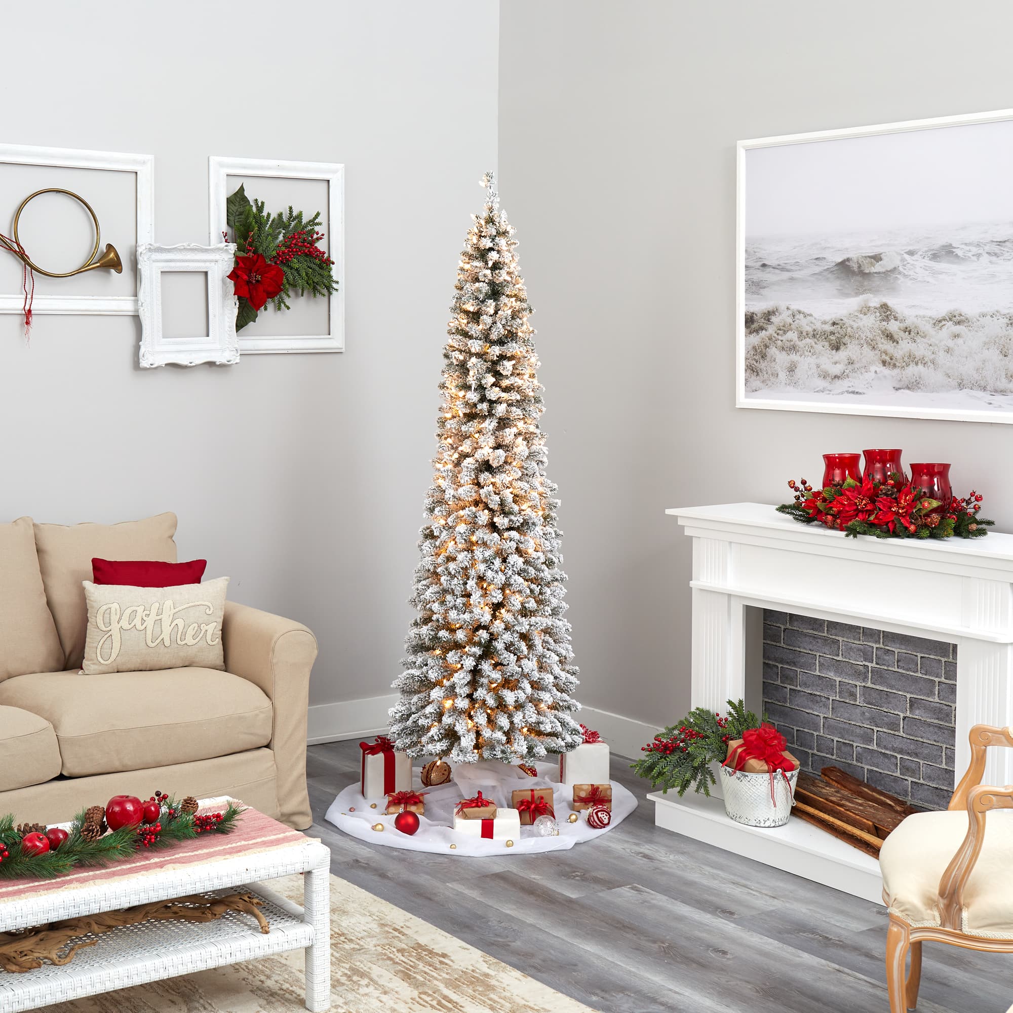 7ft. Pre-Lit Flocked Pencil Artificial Christmas Tree with Clear LED Lights