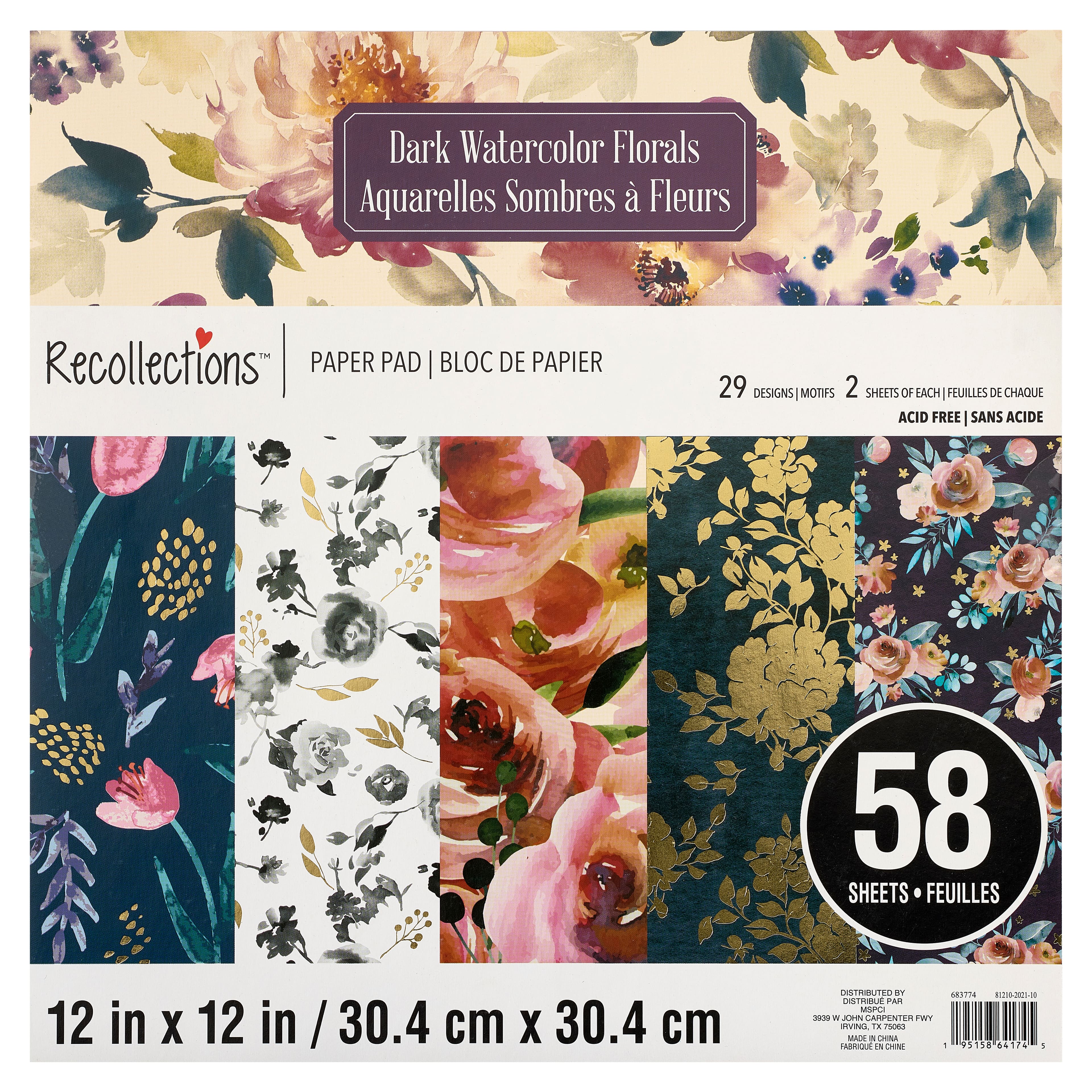 Dark Watercolor Florals Paper Pad by Recollections™, 12" x 12"