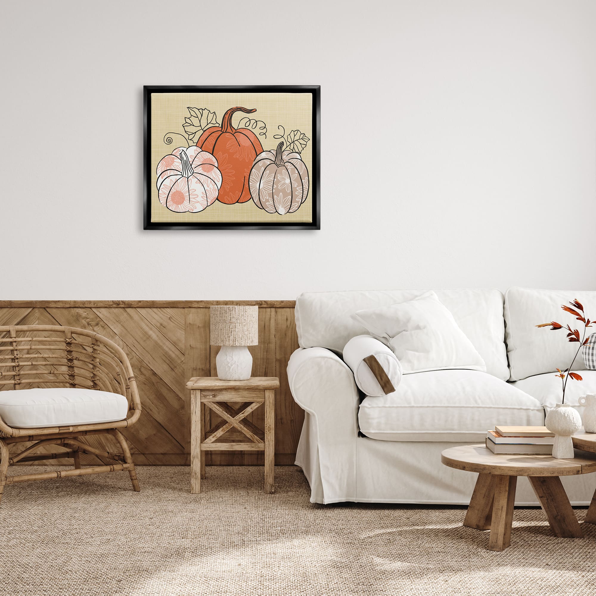 Stupell Industries Autumnal Pumpkins Sunflower Pattern Framed Floater Canvas Wall Art