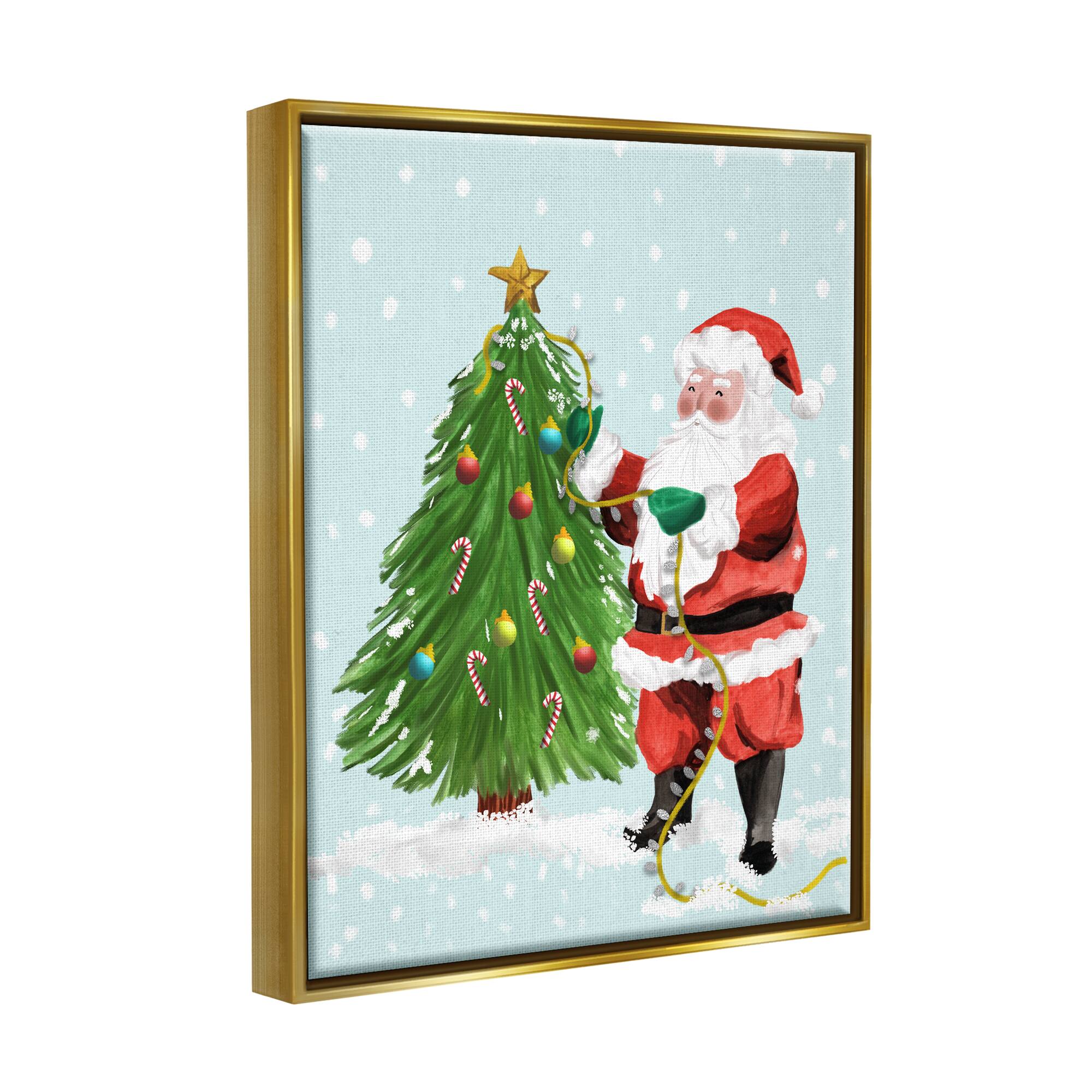 Stupell Industries Snowy Santa Claus Tree Scenery Framed Floater Canvas Wall Art