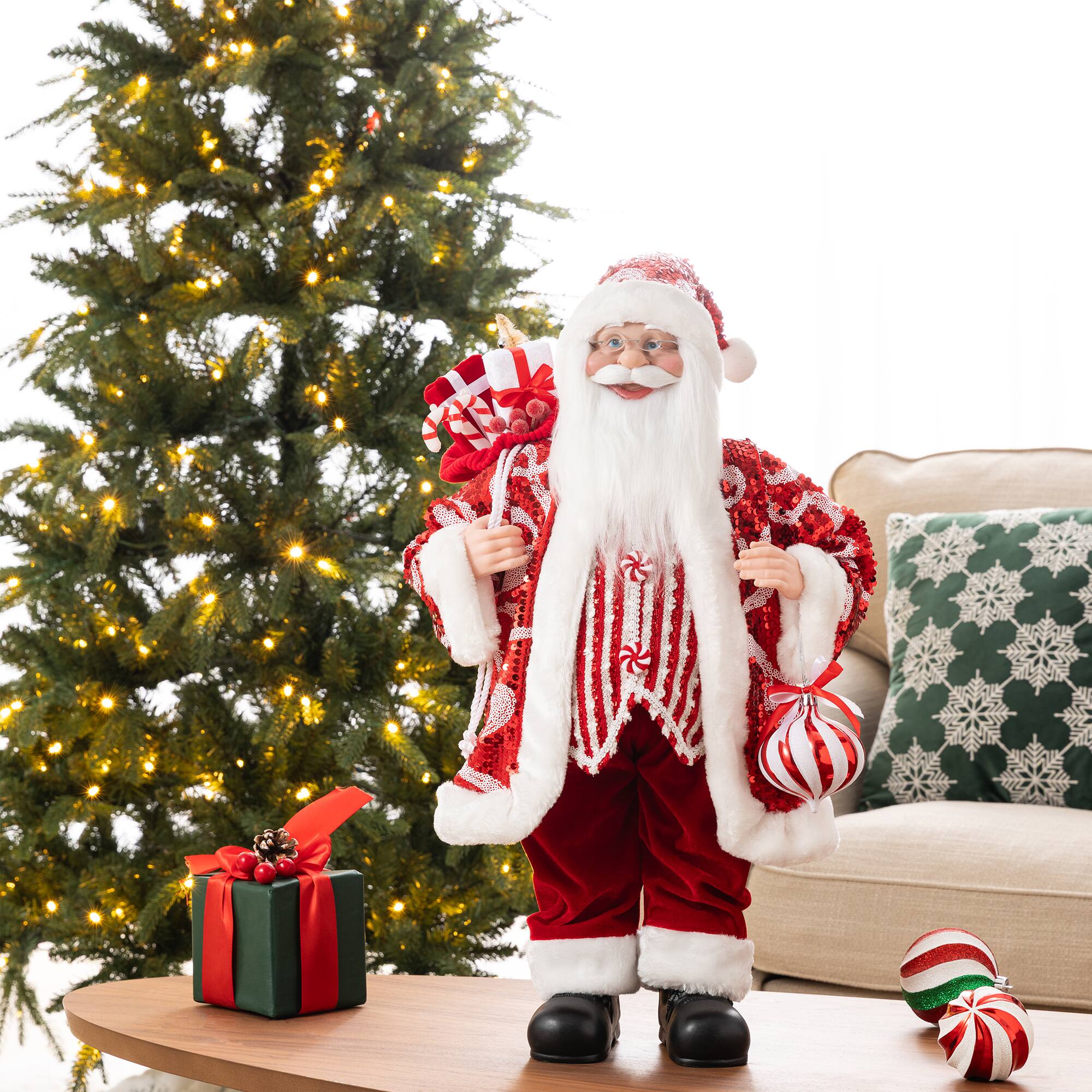 Glitzhome® 24" Faux Fur Peppermint Christmas Santa Figurine