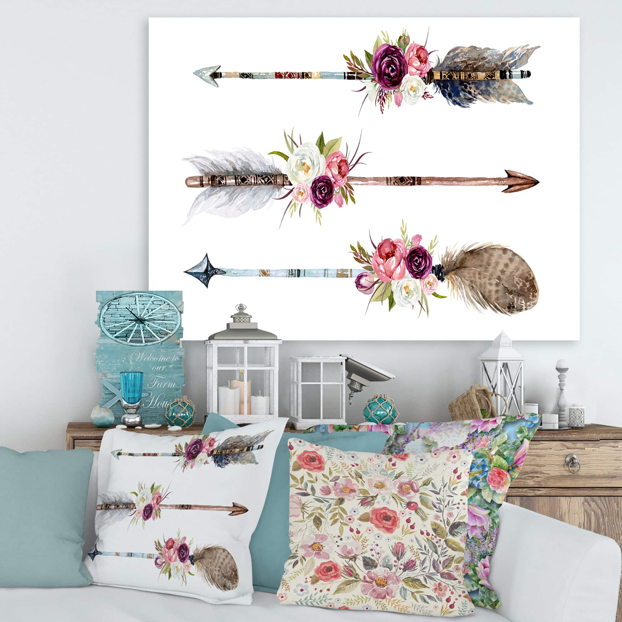 Designart - Ethnic Feathers and Flowers On Native Arrows III - Bohemian & Eclectic Canvas Wall Art Print