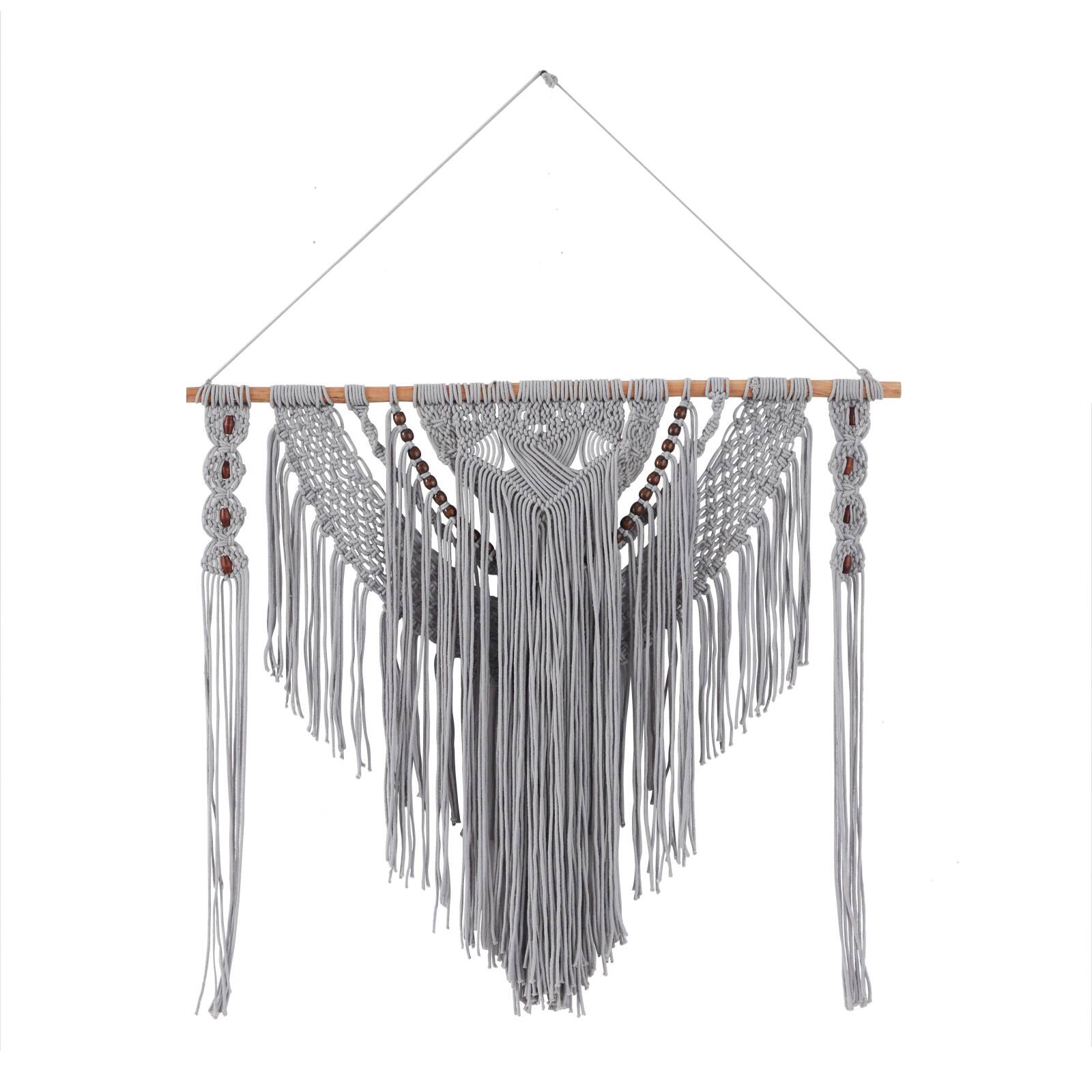 Gray Cotton Handmade Intricately Weaved Macrame Wall Decor with Beaded Fringe Tassels 36" x 1" x 46"