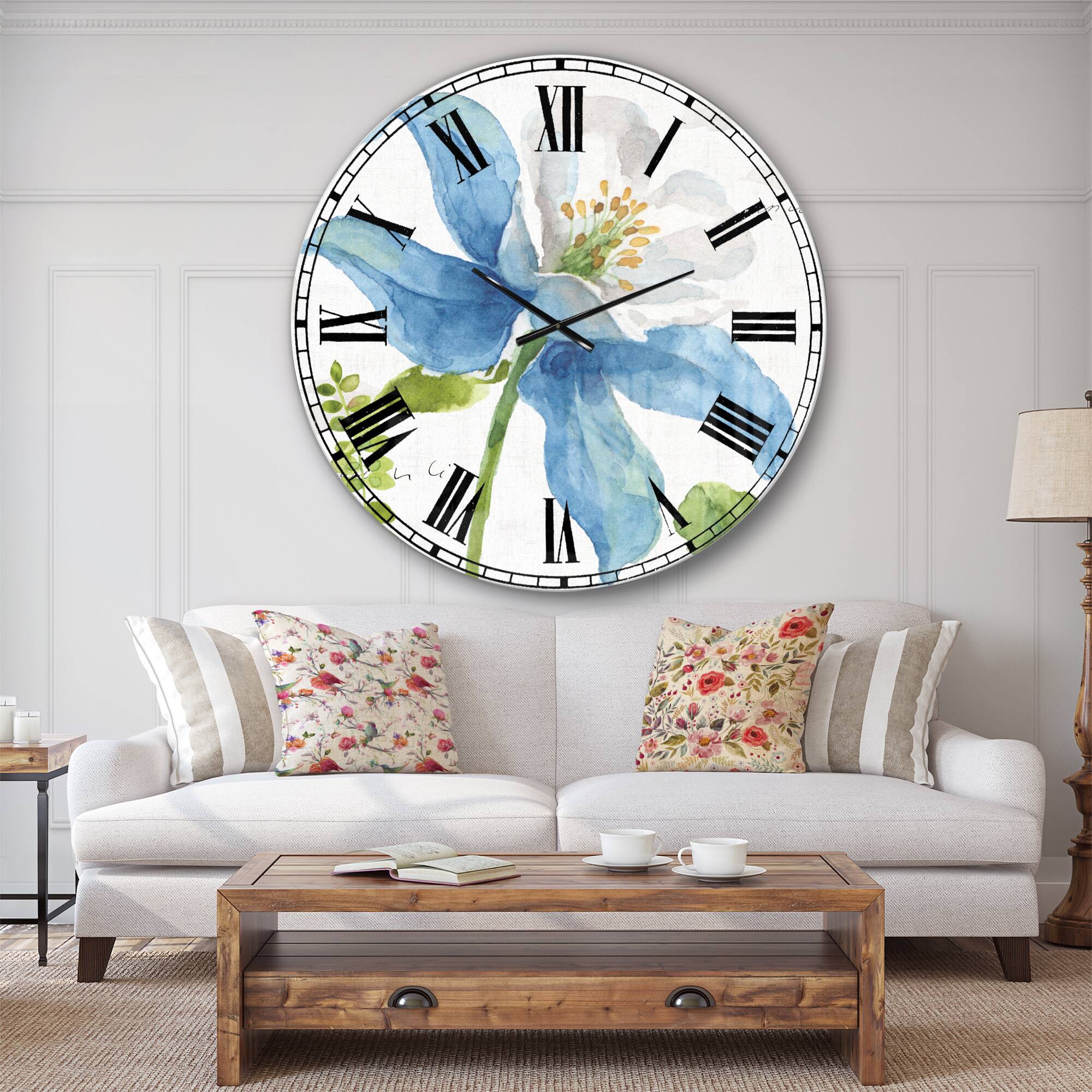 Designart 'Blue Columbine Wild Flower With Ferns Traditional Wall Clock