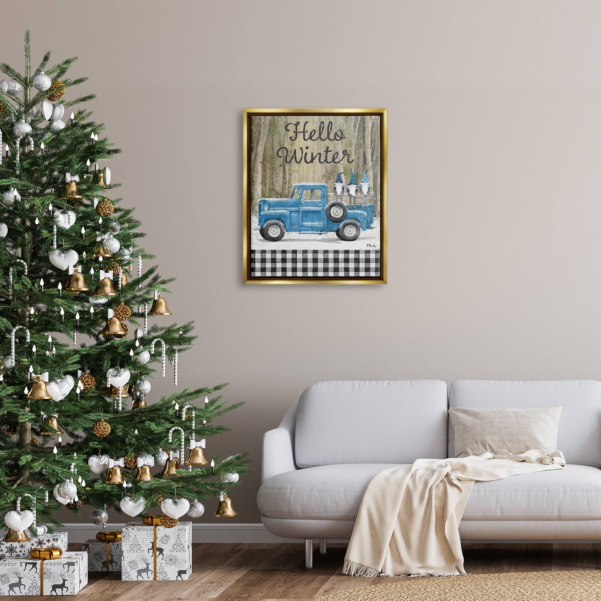 Stupell Industries Hello Winter Plaid Gnomes Gold Framed Floater Canvas Wall Art