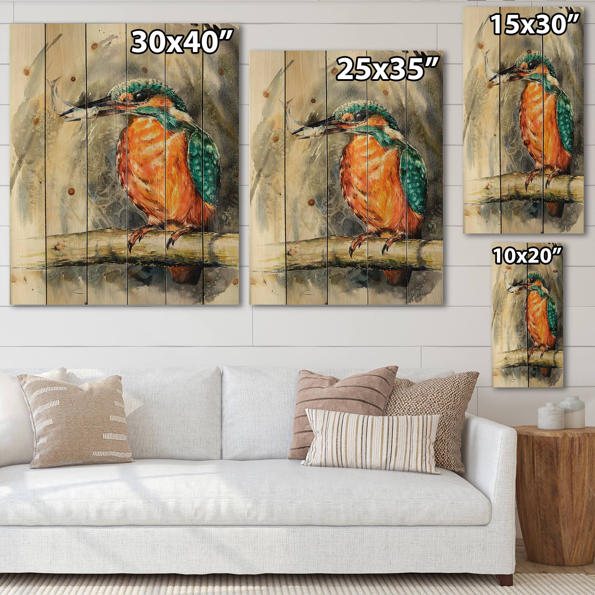 Designart - Common Kingfisher Eating A Small Fish - Traditional Print on Natural Pine Wood