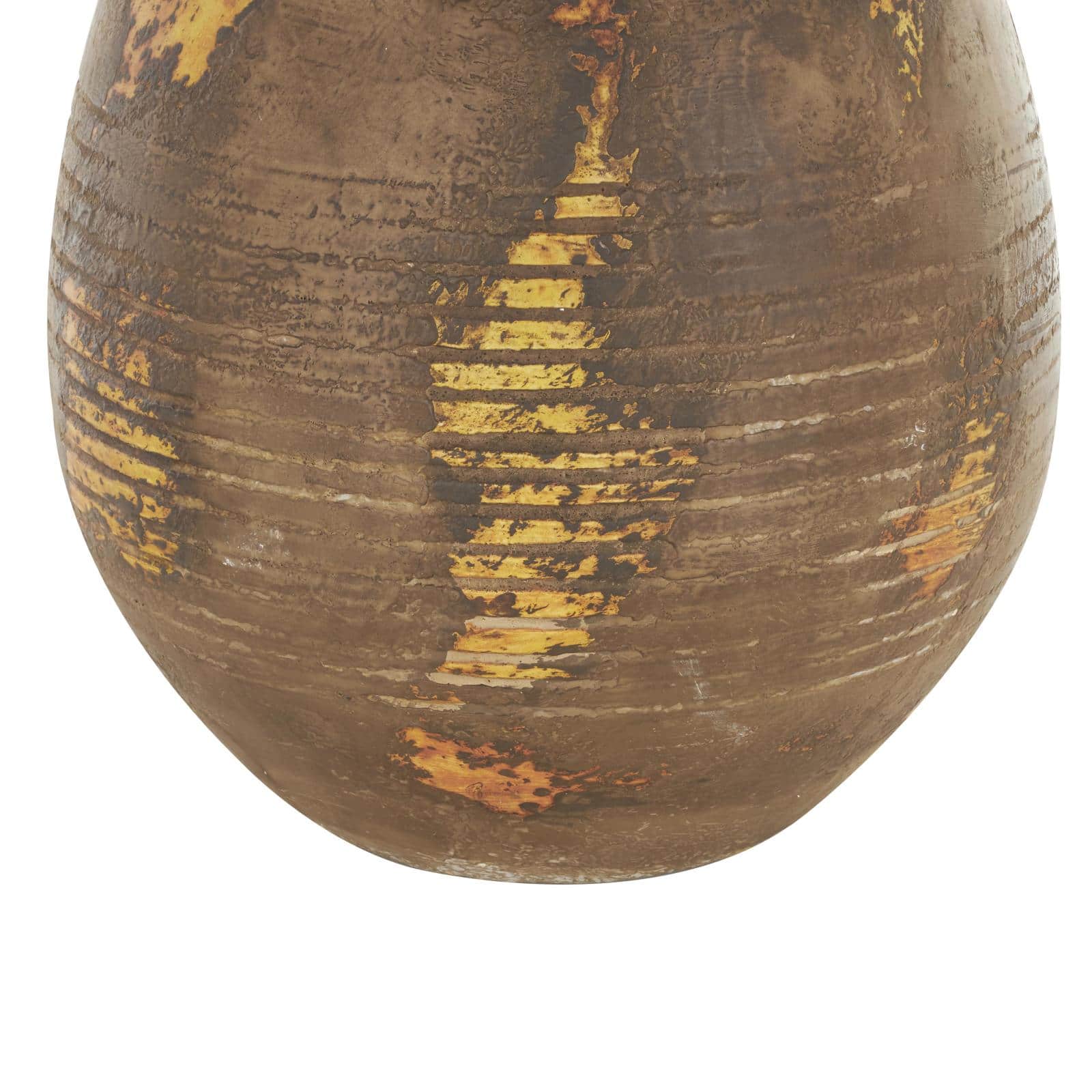 15.25" Brown Ceramic Antique Style Distressed Vase with Grooves & Handles