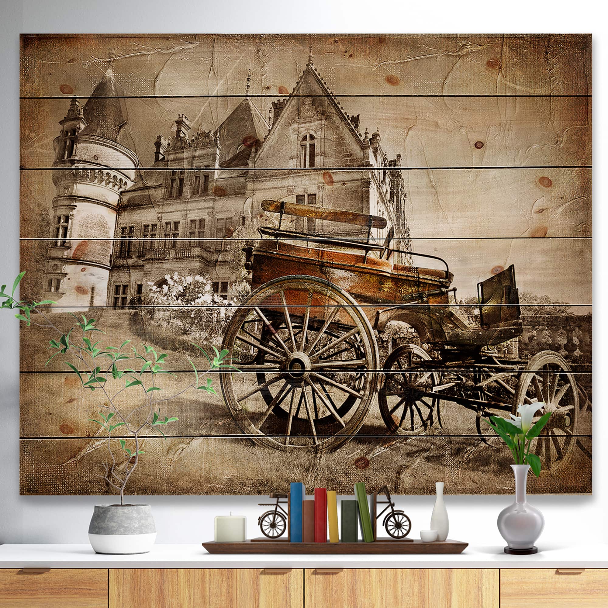 Designart - Medieval Castle with Carriage - Contemporary Print on Natural Pine Wood