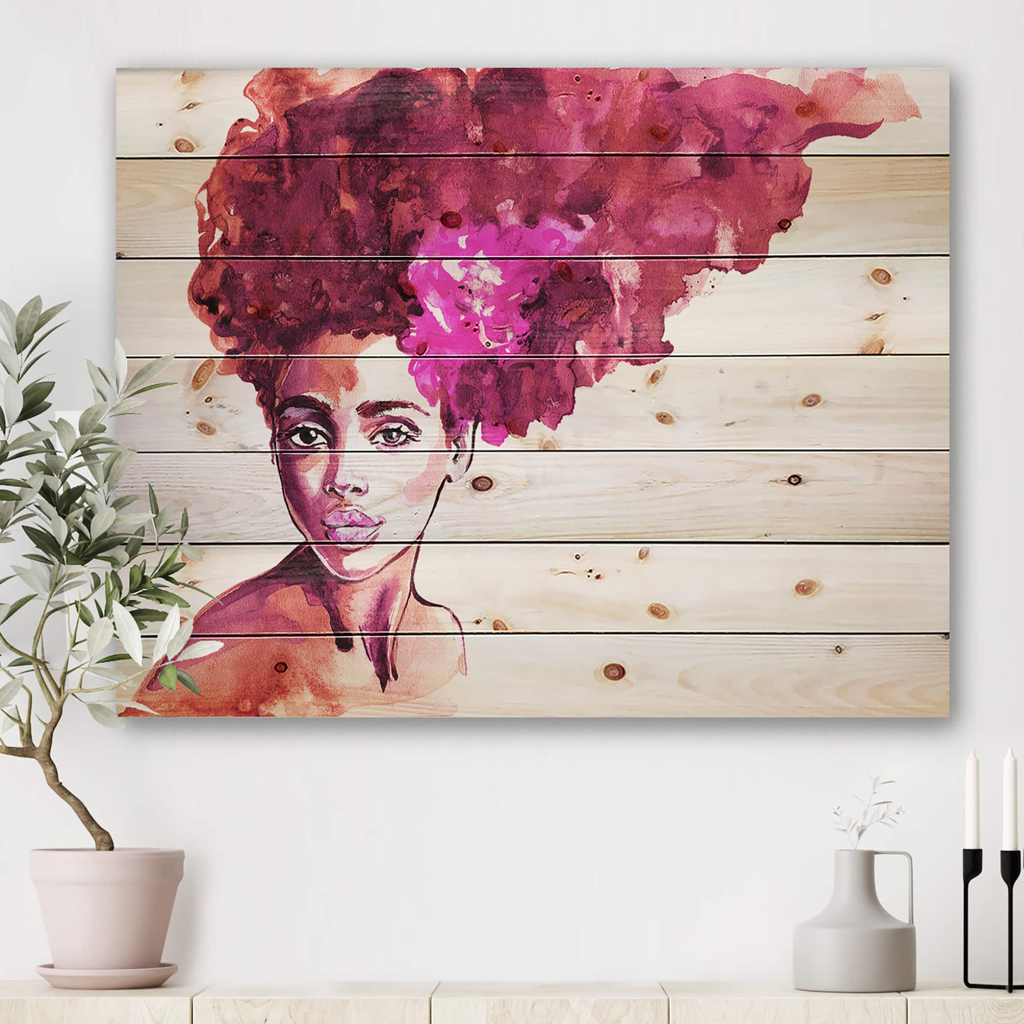 Designart - Portrait of African American Woman VI - Modern Print on Natural Pine Wood