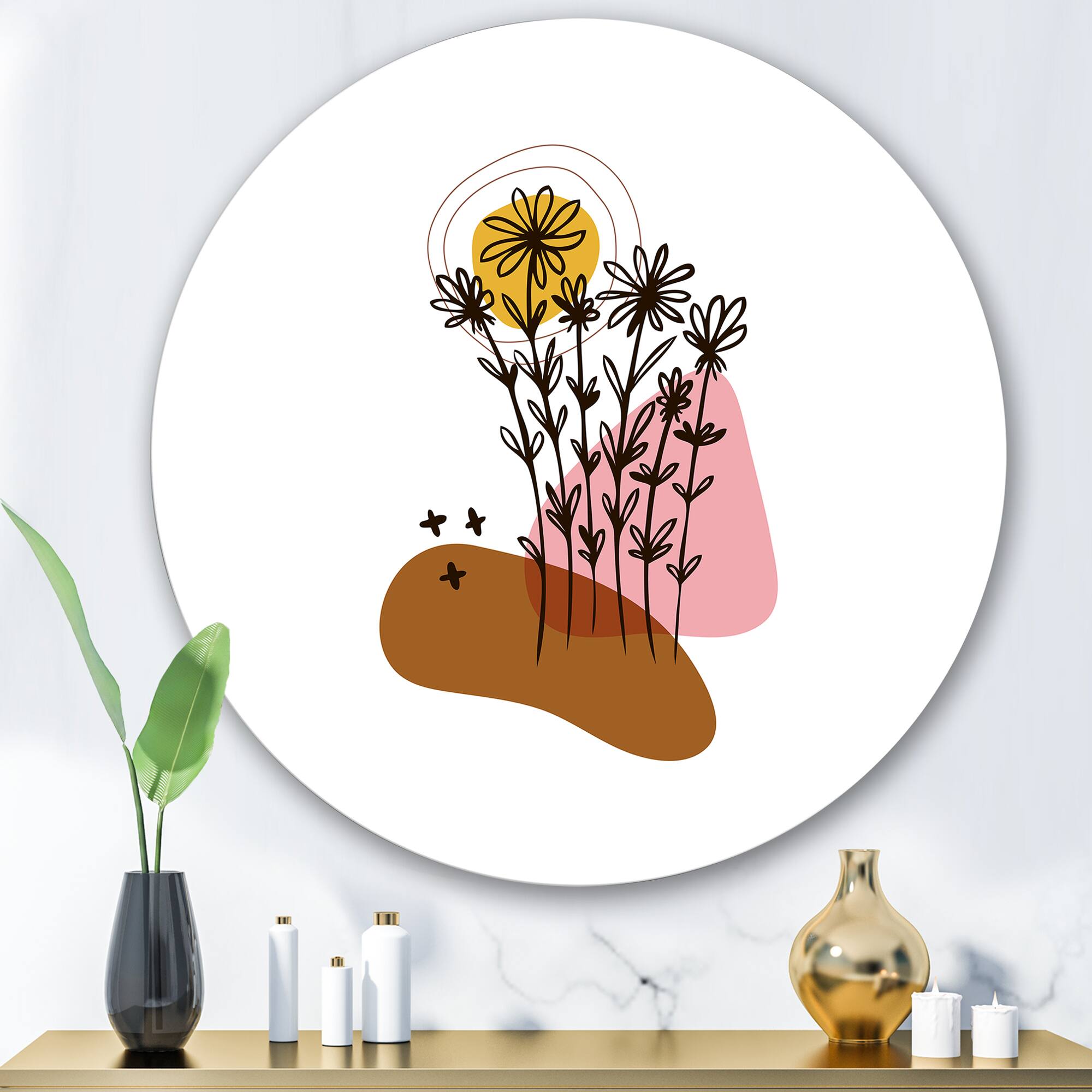 Designart - Elementary Shapes With Abstract Flowers Plants I - Modern Metal Circle Wall Art