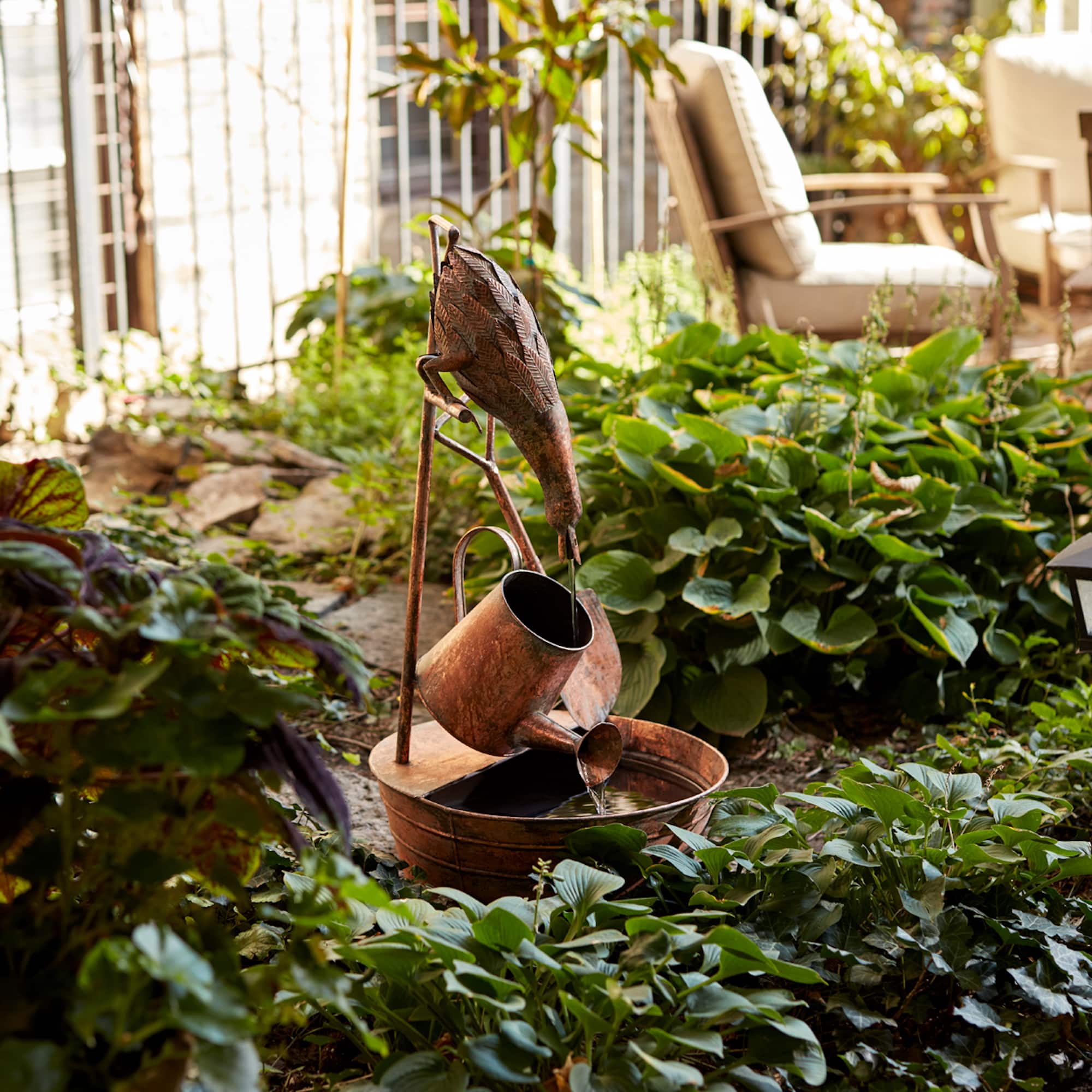 33" Brown Rustic Metal Fountain with Duck & Watering Can