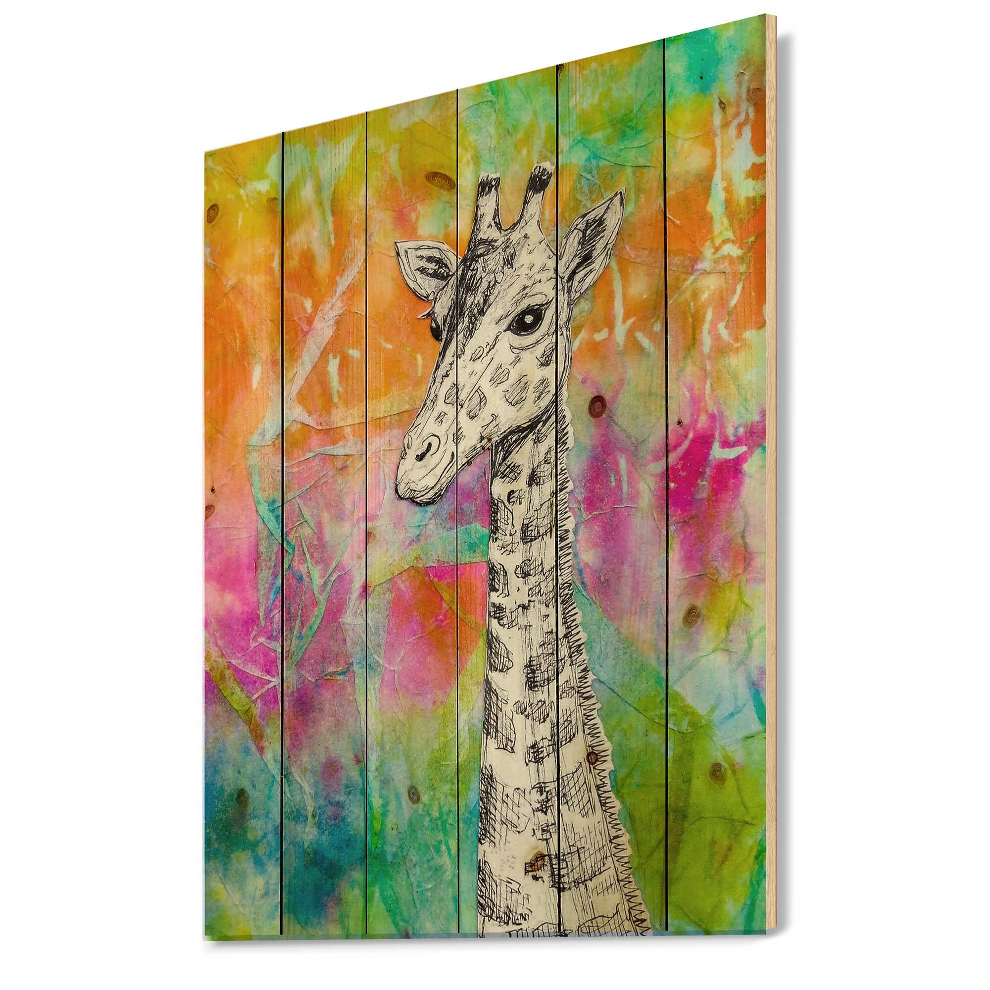 Designart - White Giraffe Drawing On Bright Rainbow - Children's Art Print on Natural Pine Wood