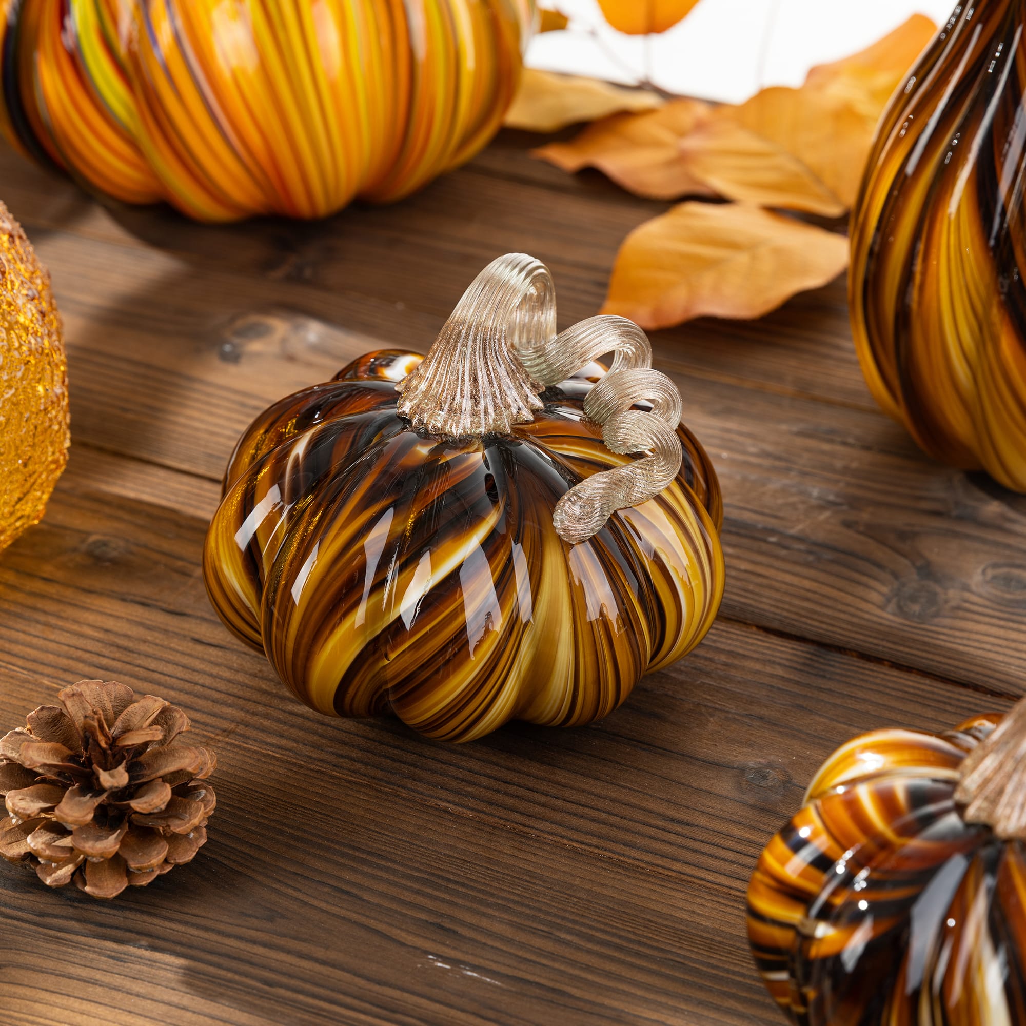 Glitzhome® 5.75" Multi Brown Striped Glass Pumpkin Fall Table Decor