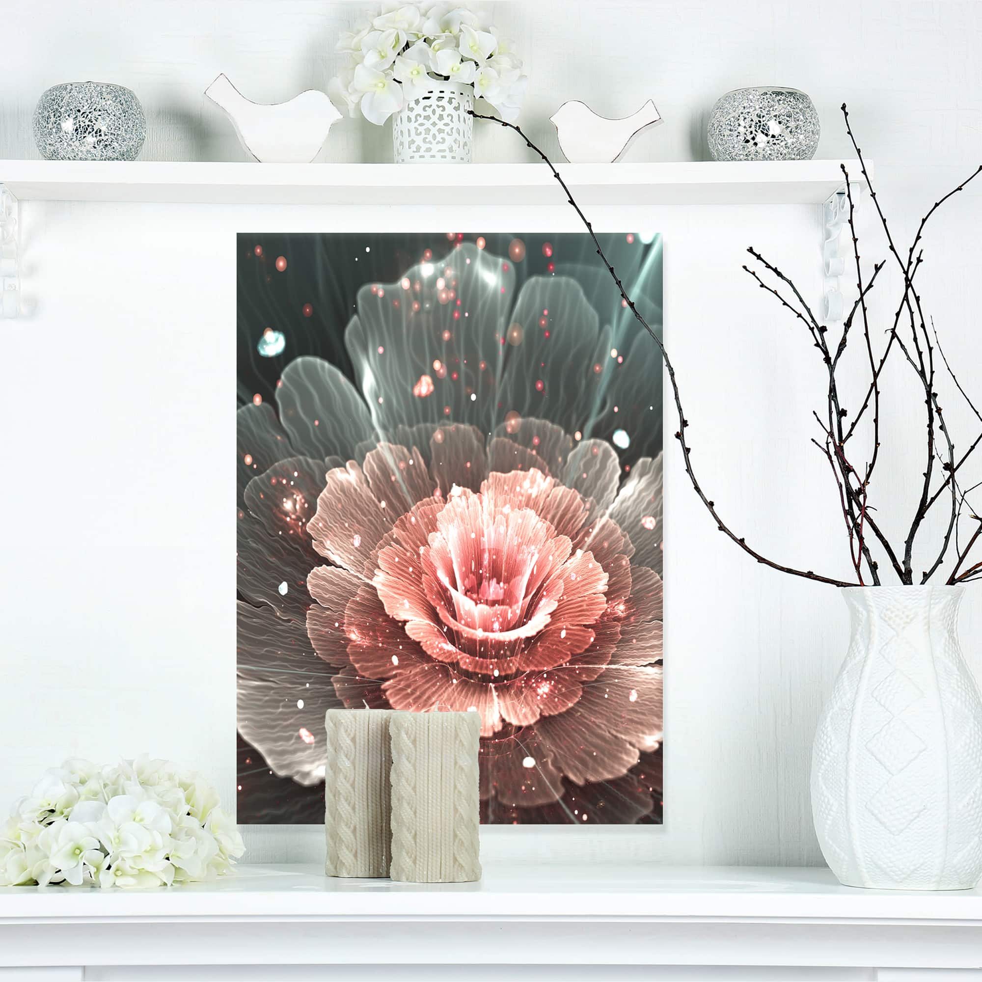 Designart - Abstract Fractal Pink Gray Flower