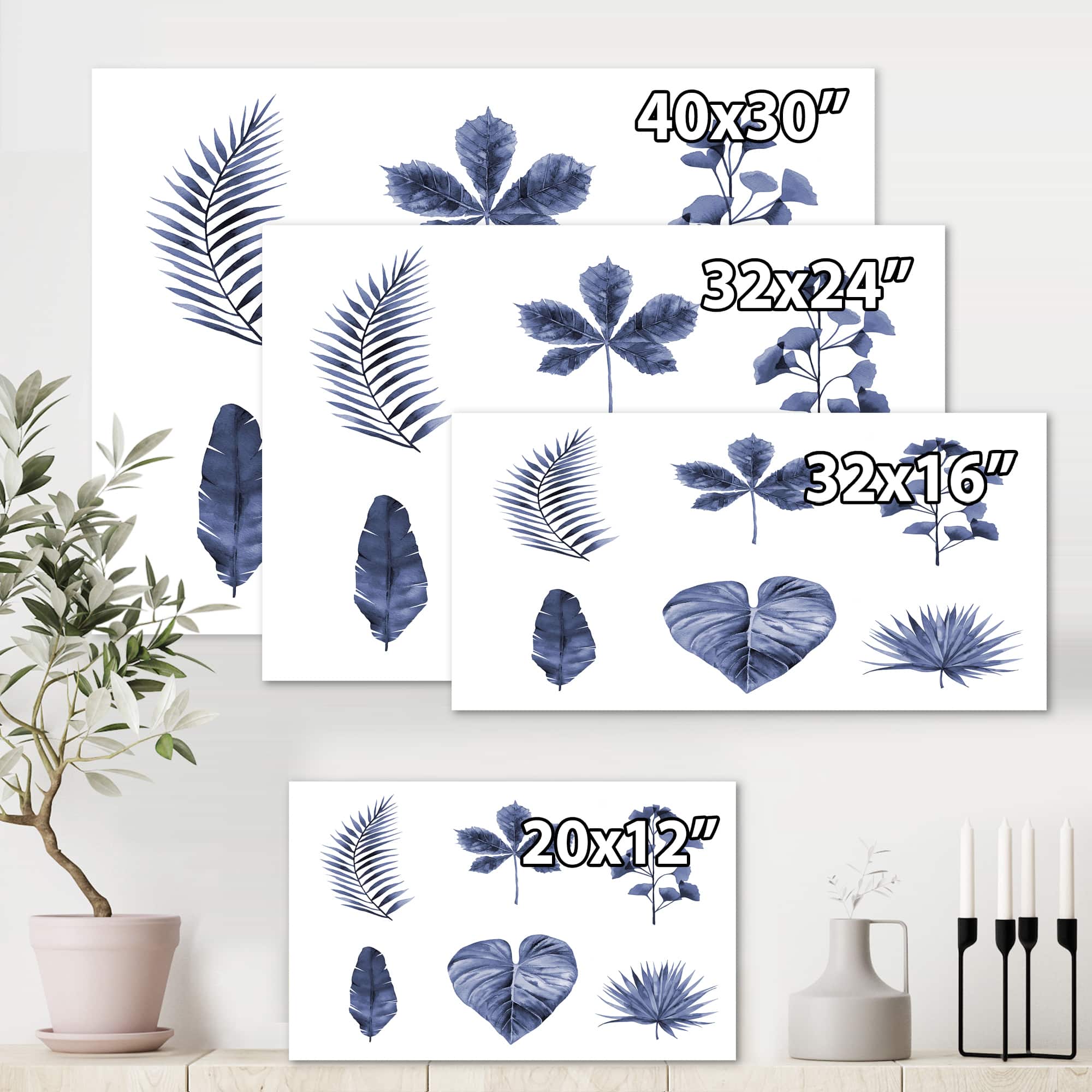 Designart - Abstract Blue Set Of Plant Leaves - Traditional Canvas Wall Art Print