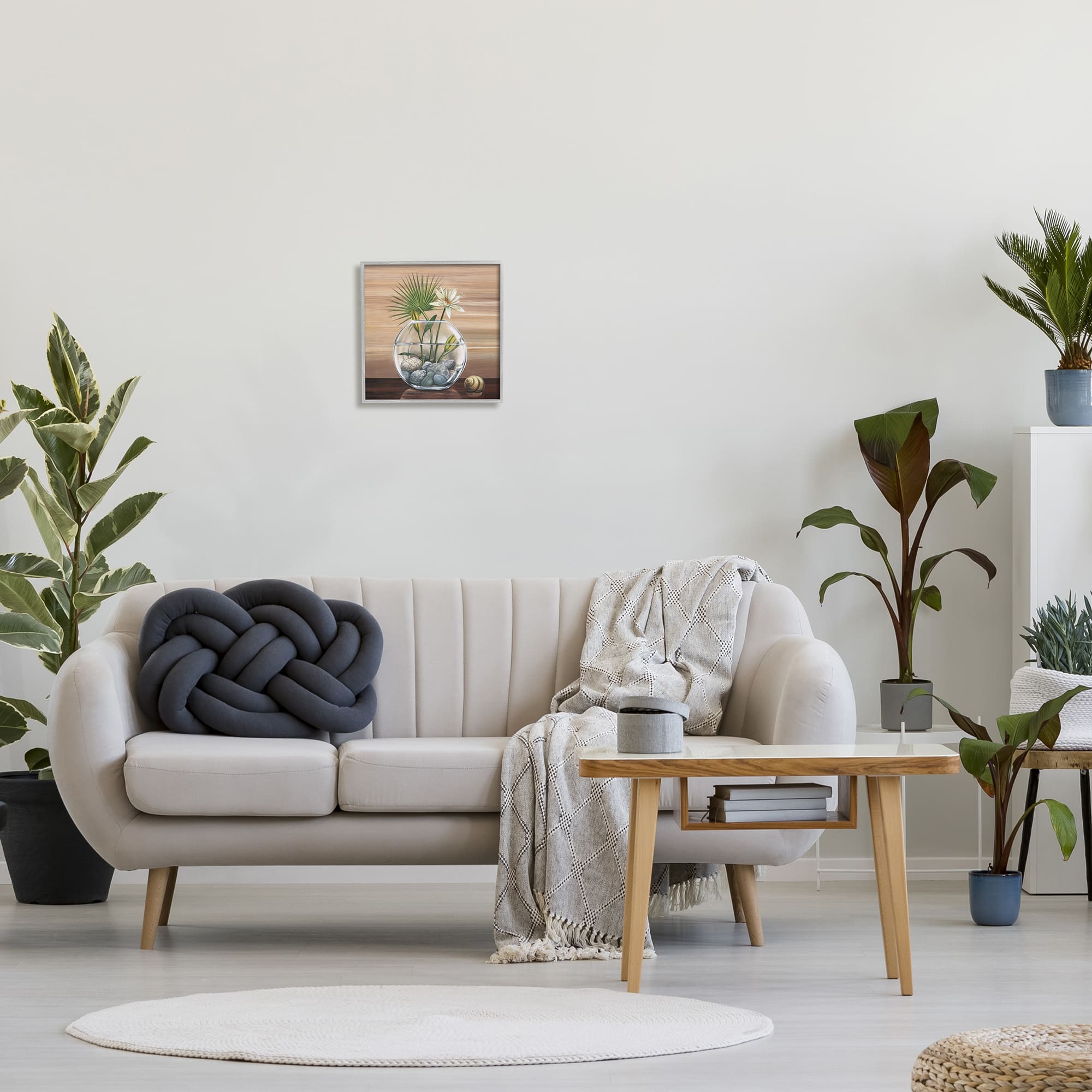 Stupell Industries Lotus and Palm Plant in Rock Vase Still-Life in Gray Frame Wall Art