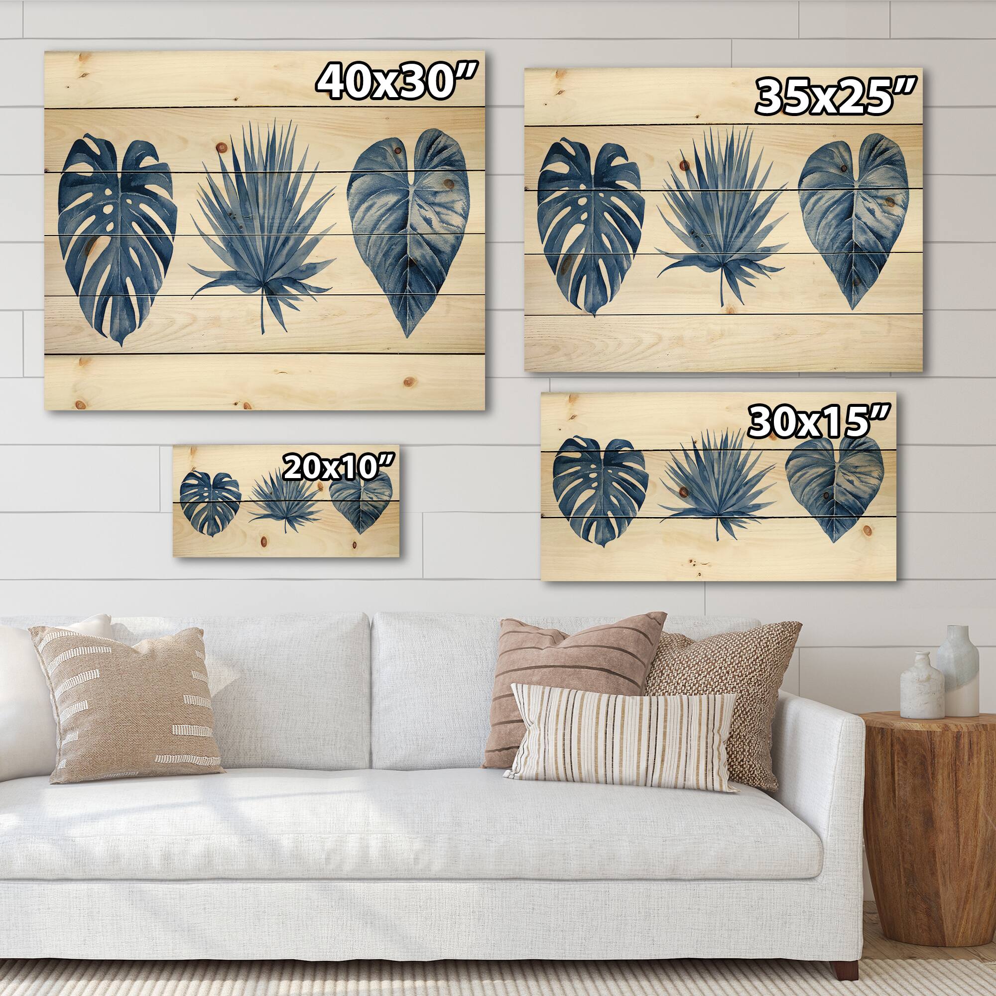 Designart - Classic Blue Tropical Leaves - Tropical Print on Natural Pine Wood