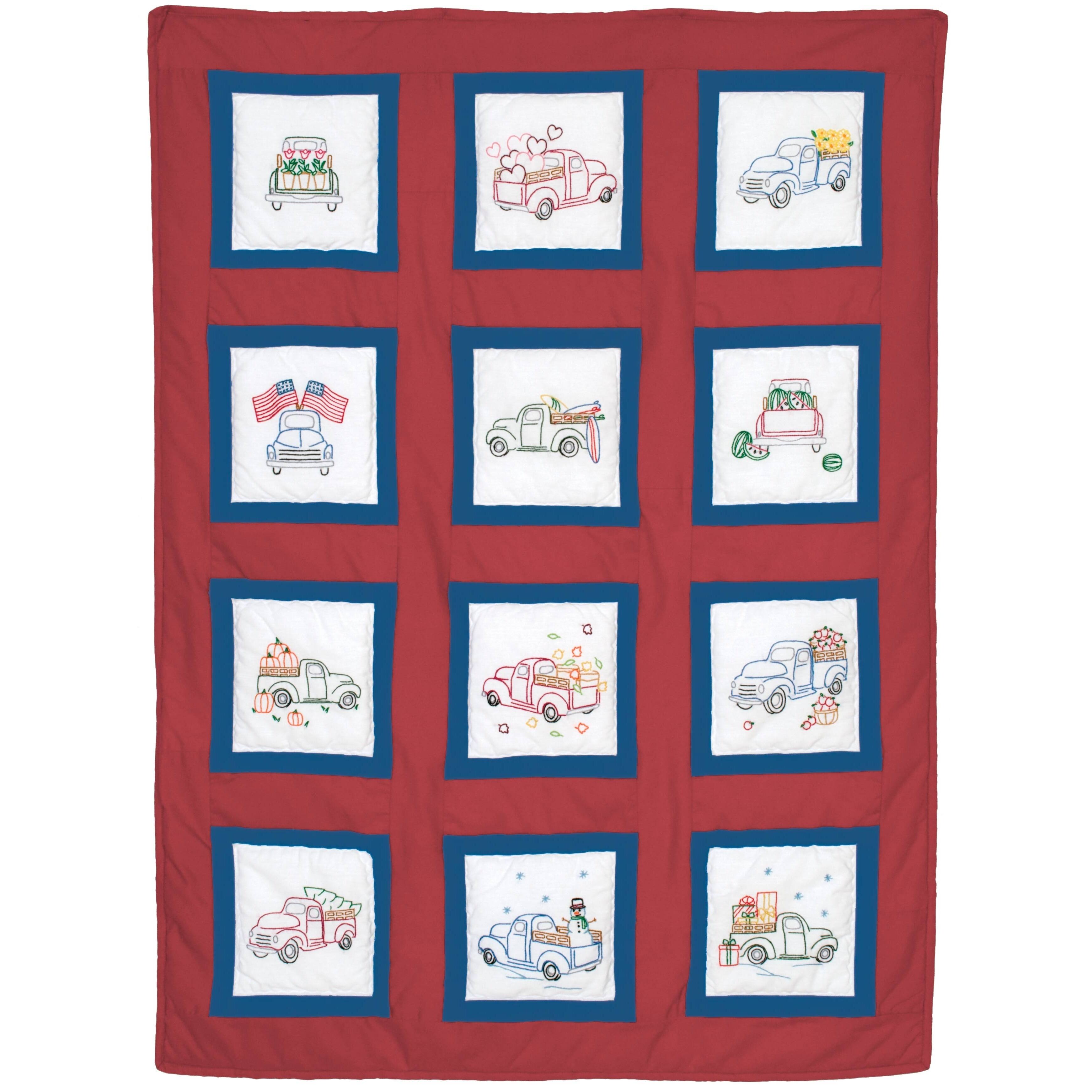 Jack Dempsey Trucks for all Seasons Themed Stamped White Quilt Blocks