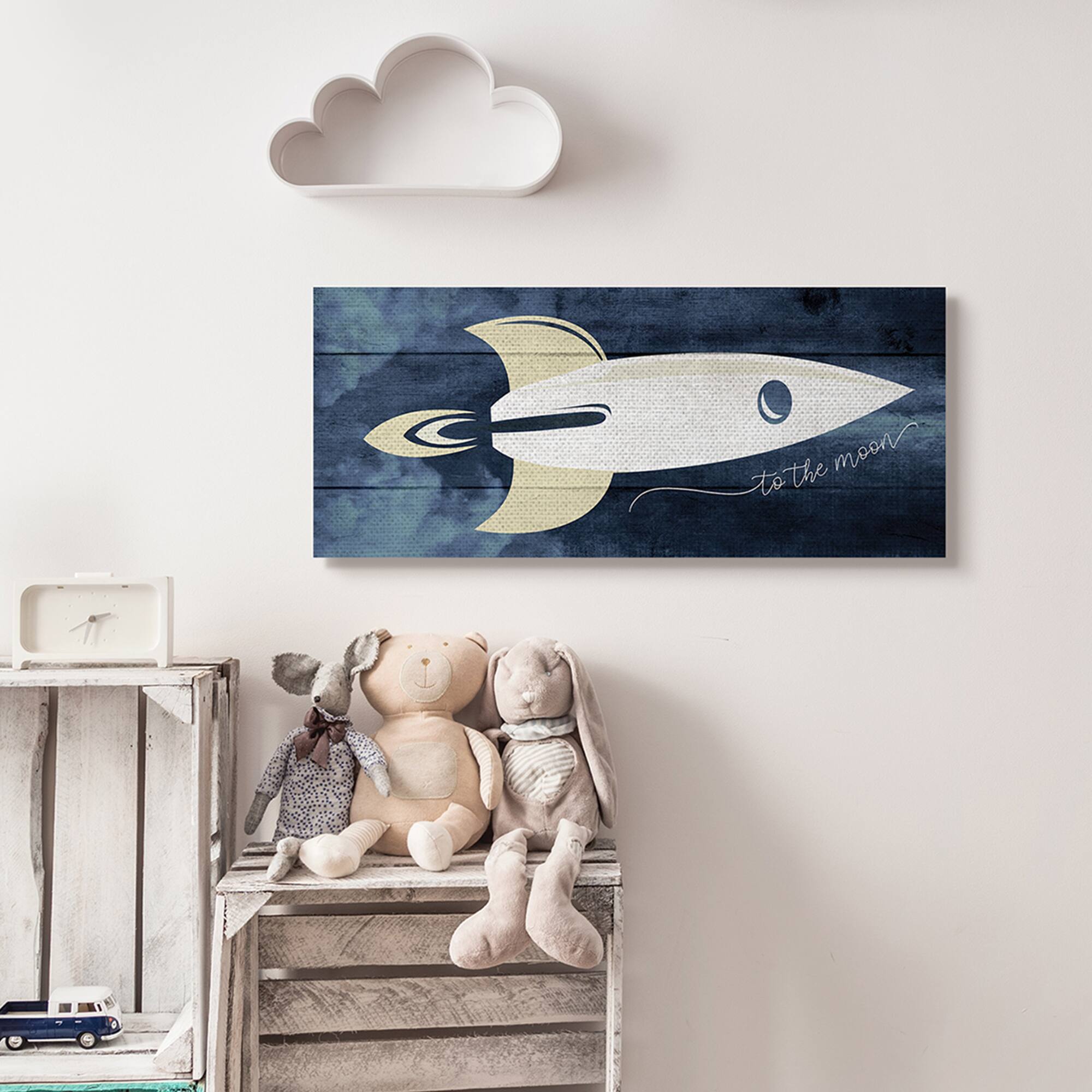 Stupell Industries To The Moon Phrase Rustic Space Ship Blue Canvas Wall Art