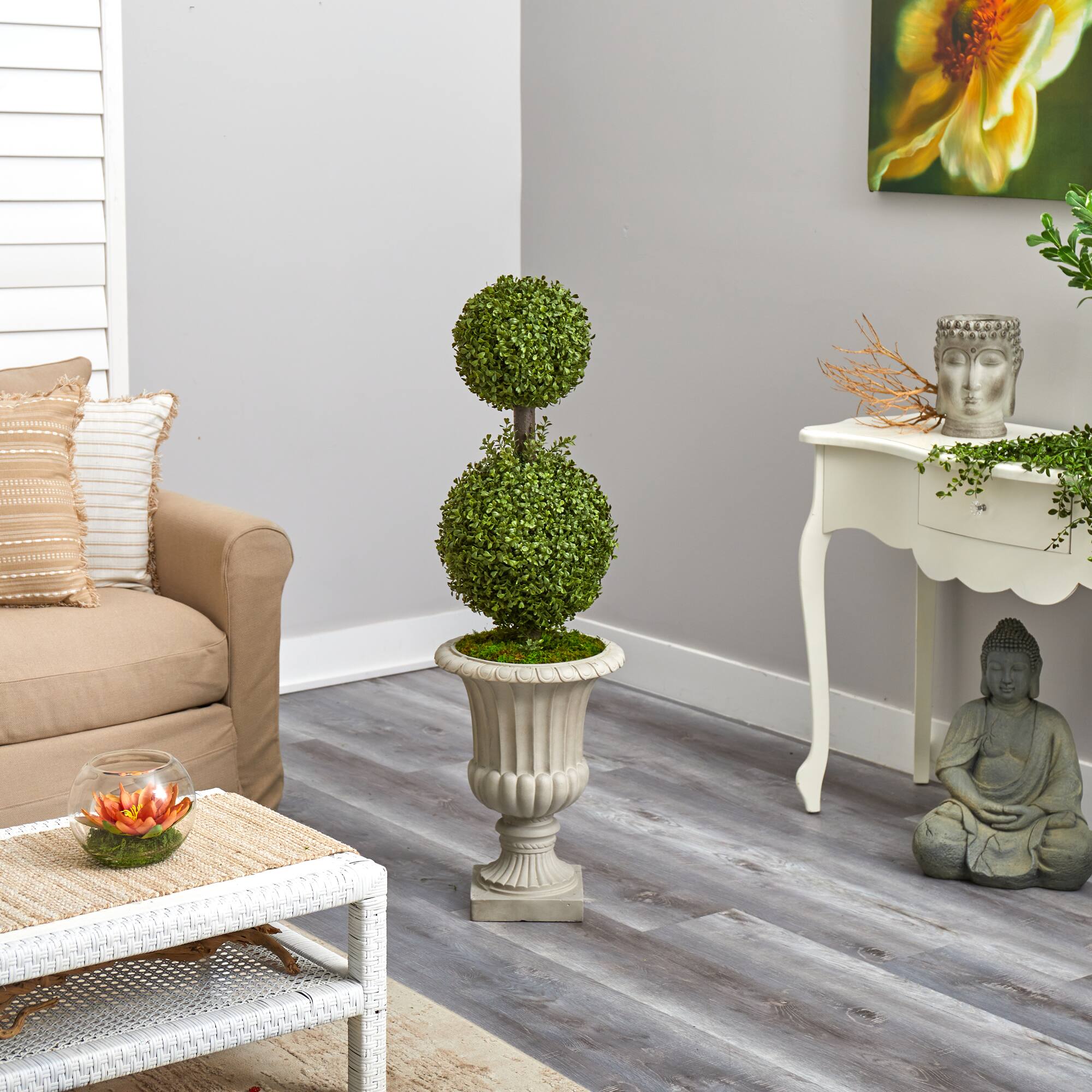 4ft. Double Boxwood Topiary Tree in Sand Finished Urn