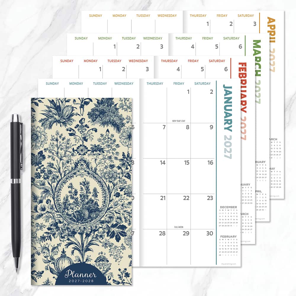 2027-2028 Blue Toile Small Monthly Pocket Planner