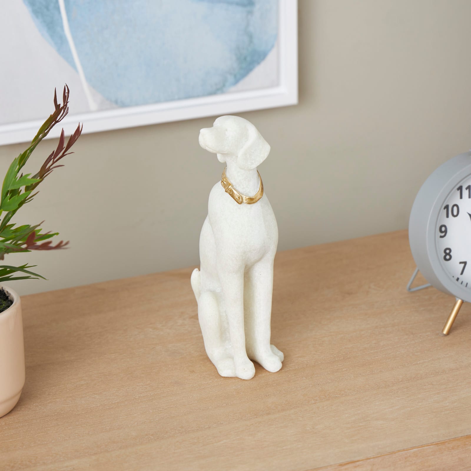 10" Cream Sitting Dog Sculpture with Gold Collar