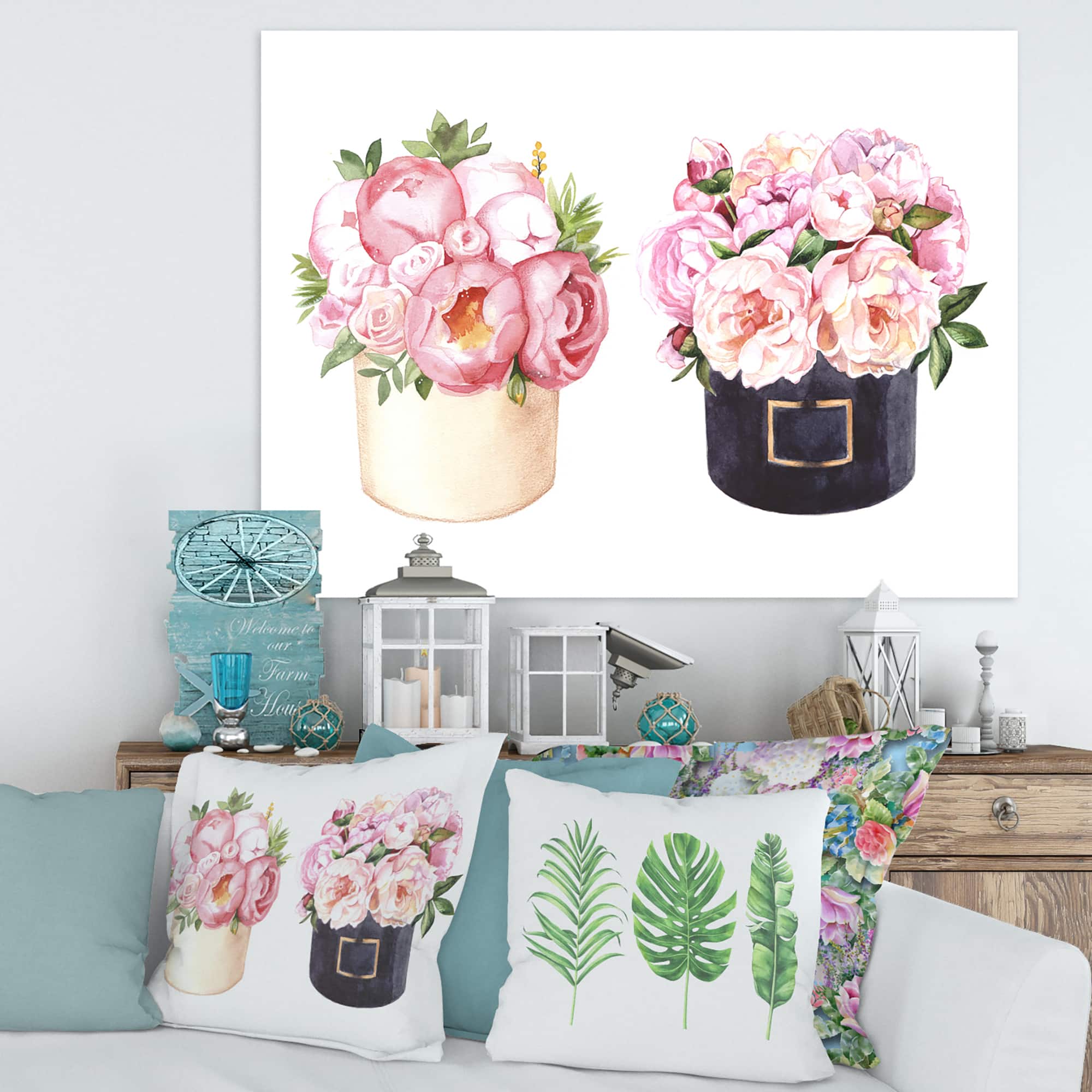 Designart - Flower Box With Peonies and Rose - Farmhouse Canvas Wall Art Print