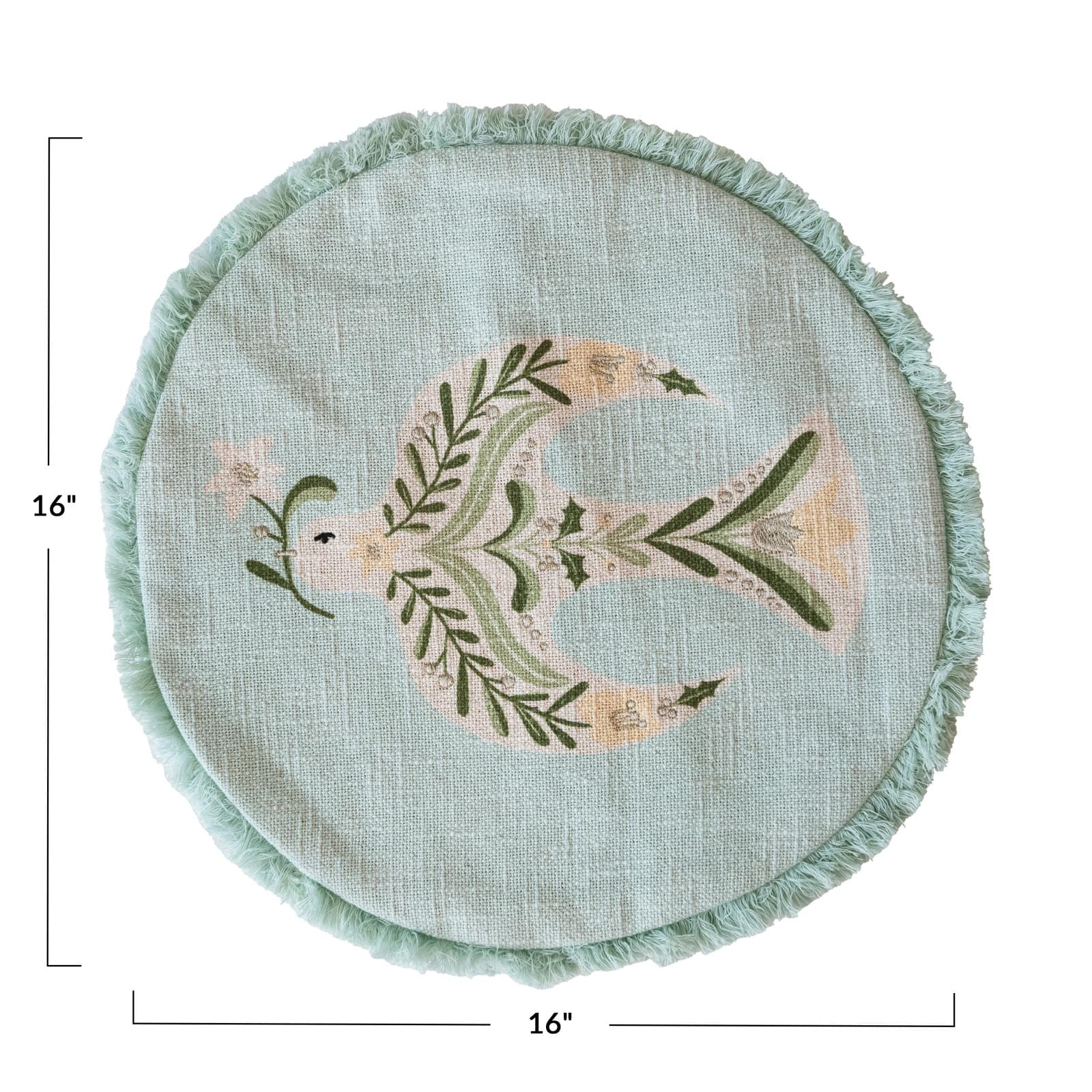 Hello Honey® 16" Light Green Embroidered Dove & Fringe Round Cotton Pillow Cover & Insert