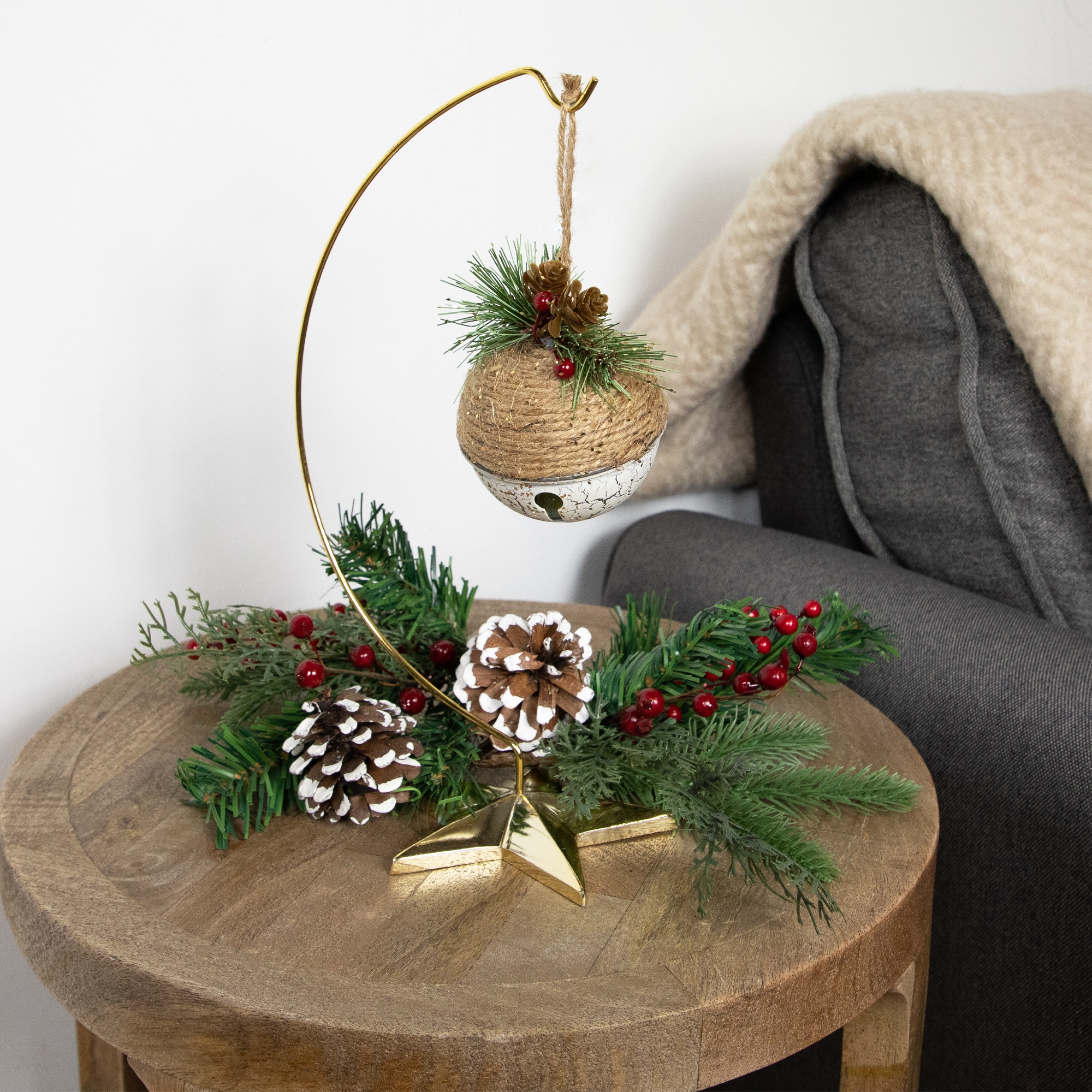 5" Green Rustic Pinecone & Holly Berry Jingle Bell Ornament