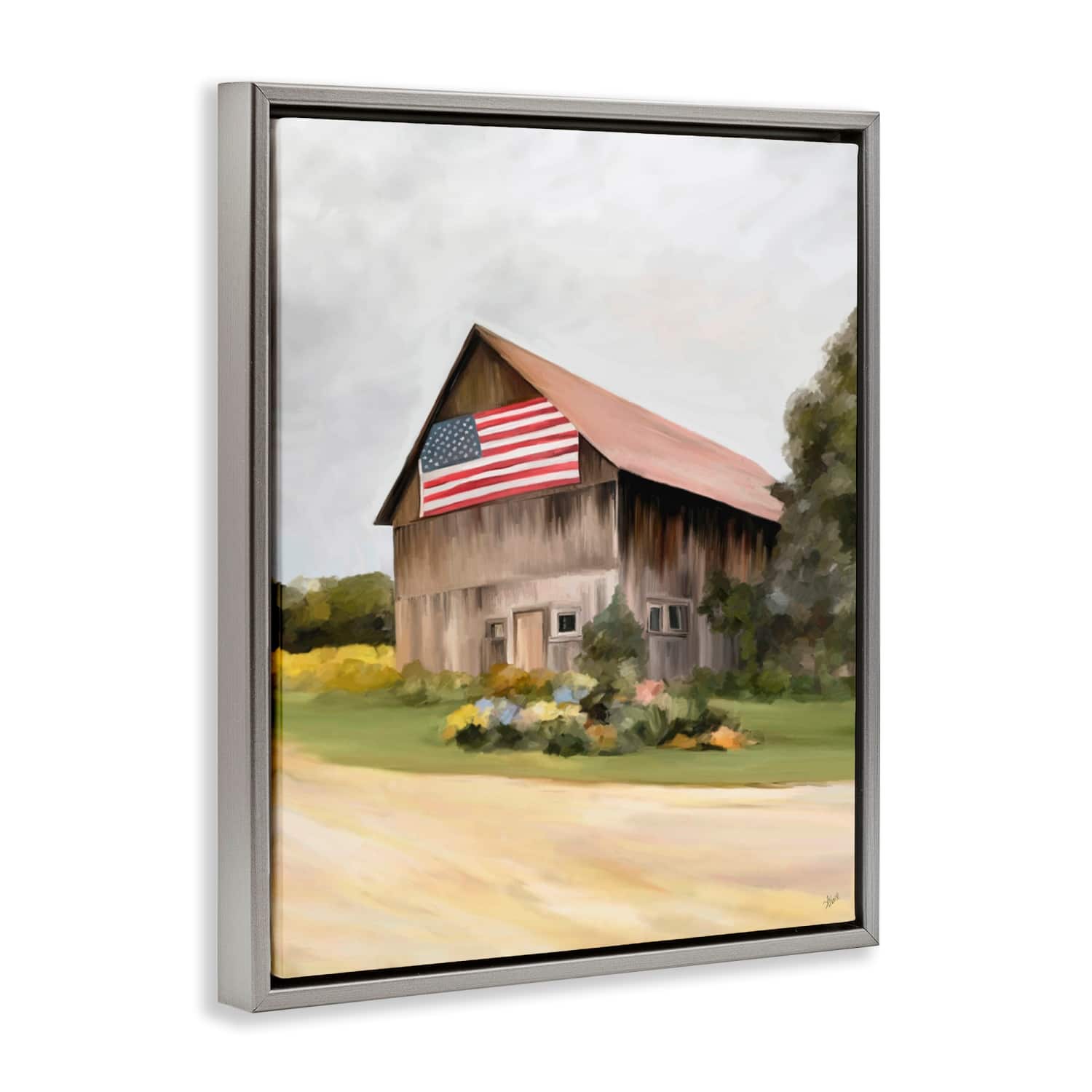 Stupell Industries Rural Americana Home Countryside Farm Flag Painting Floater Framed Art
