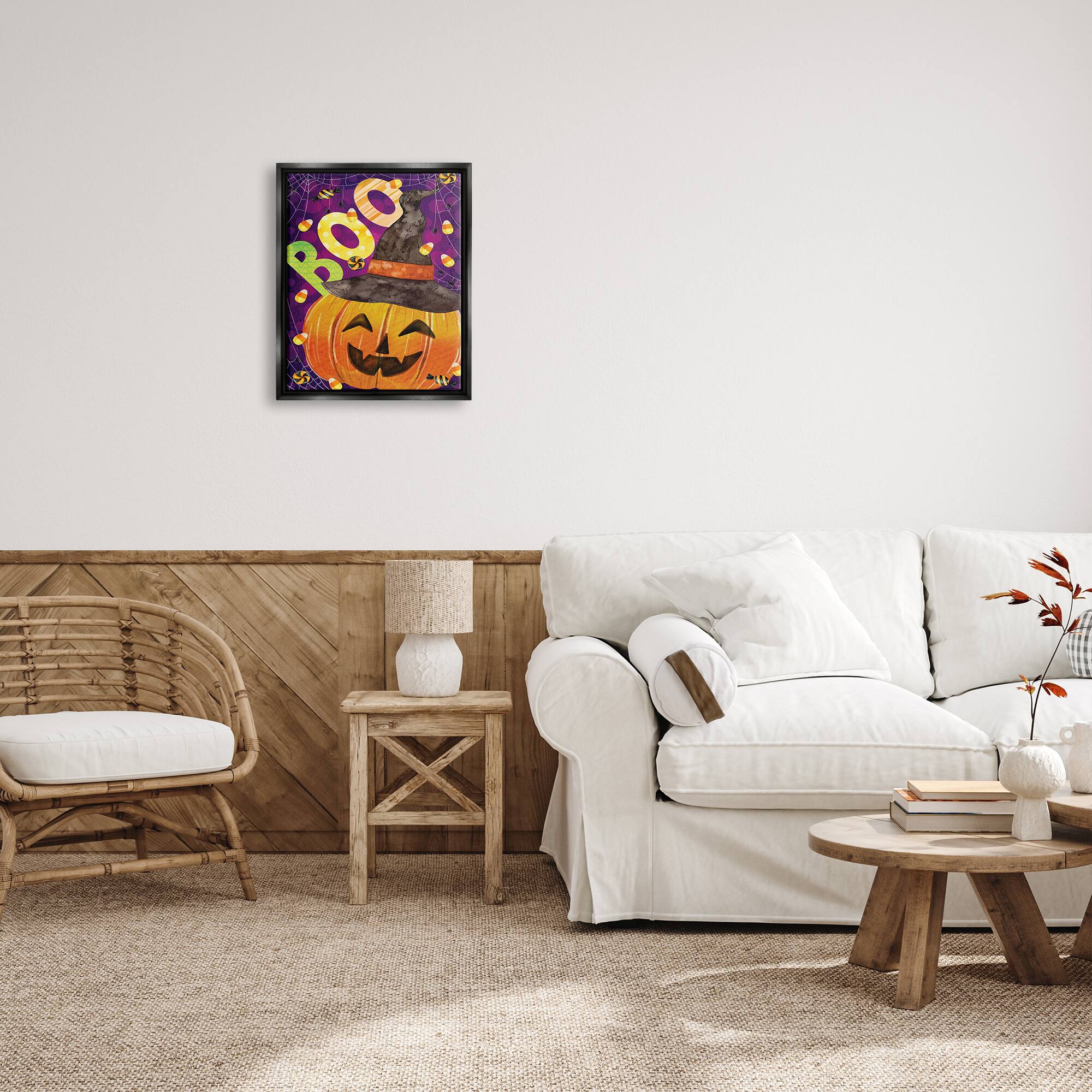 Stupell Industries Boo Jack-o-Lantern Halloween Candy Framed Floater Canvas Wall Art