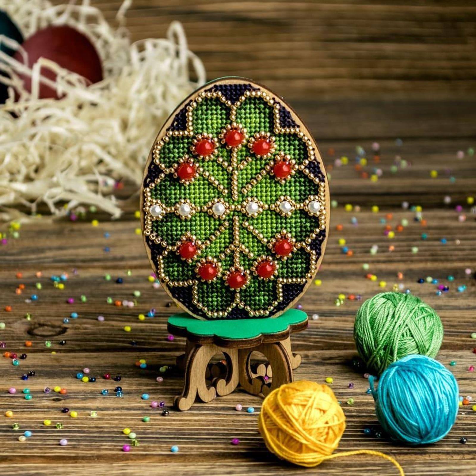 Wonderland Crafts Beaded Green Easter Egg Cross Stitch on Wood Kit