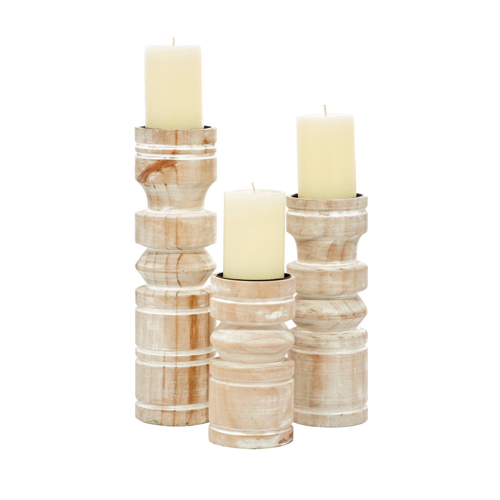 Brown Wood Natural Candle Holder Set