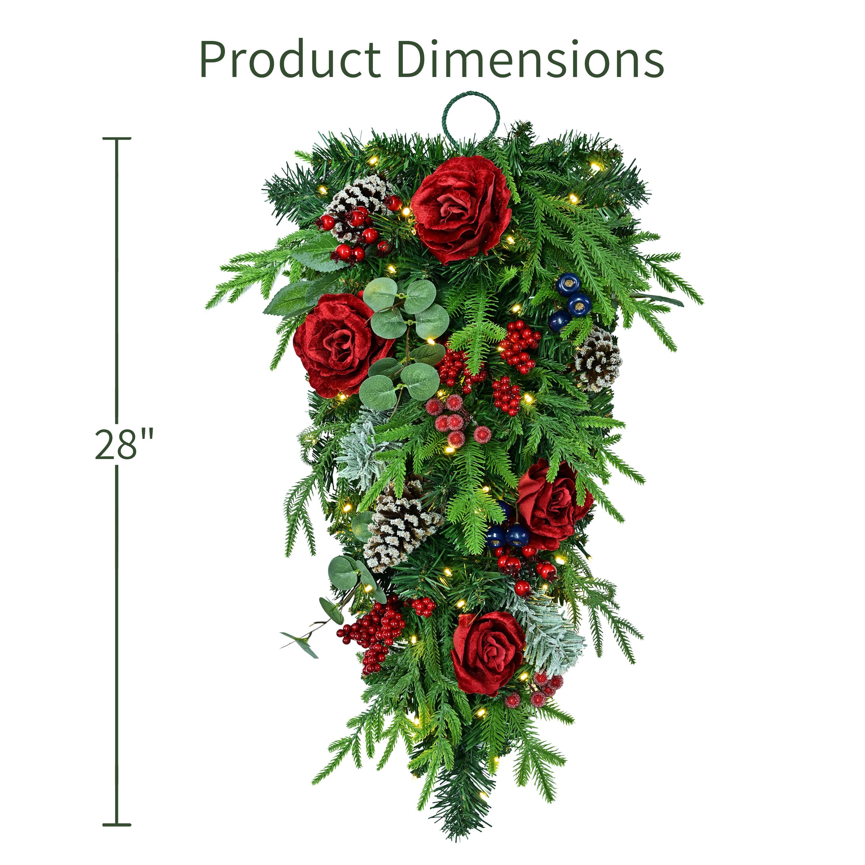 Puleo International 28" Pre-Lit Roses, Pinecones & Leaves Artificial Teardrop Swag