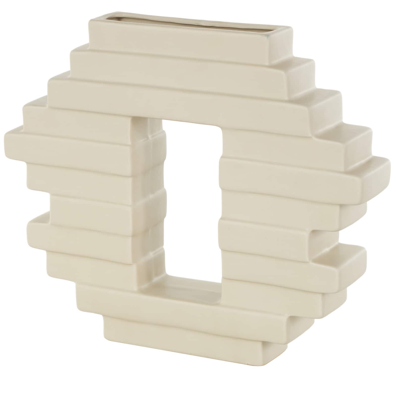 12" Cream Ceramic Abstract Decorative Vase with Rectangular Center Cutout
