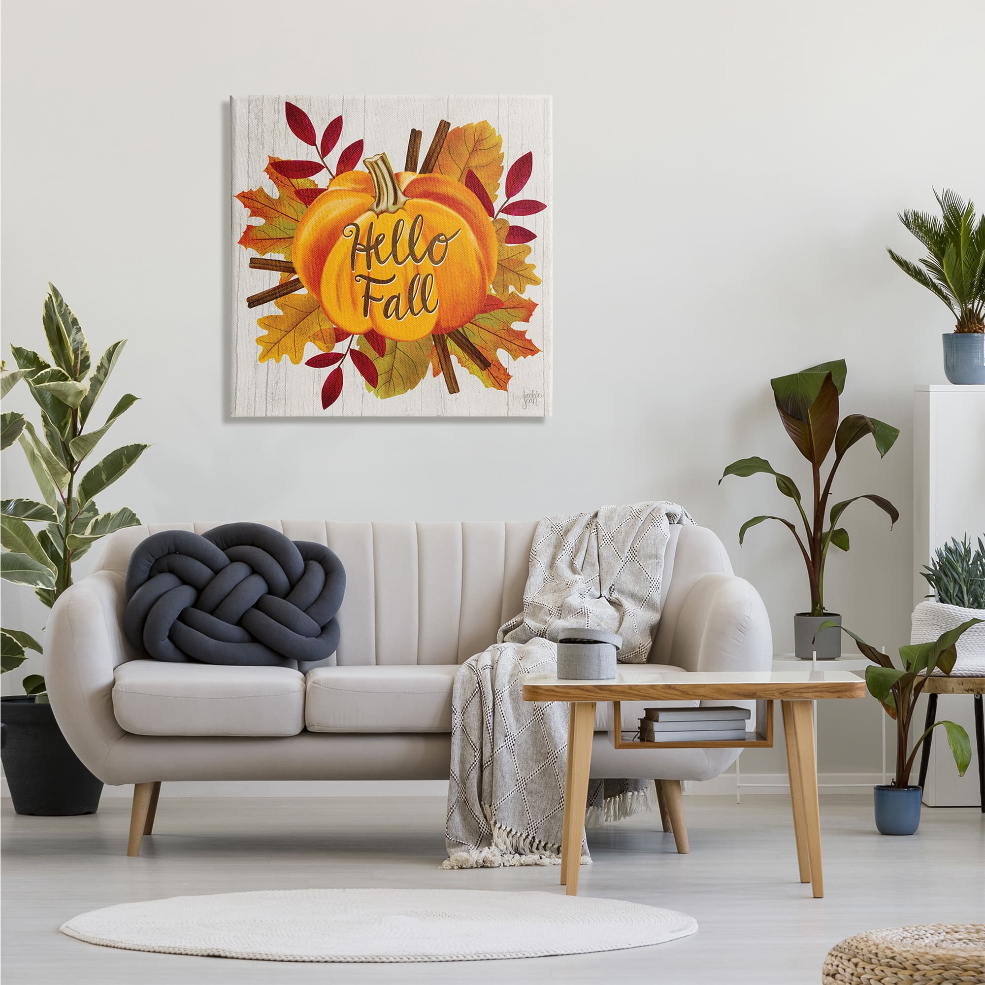 Stupell Industries Hello Fall Sentiment Orange Pumpkin Autumn Tree Leaves Canvas Wall Art