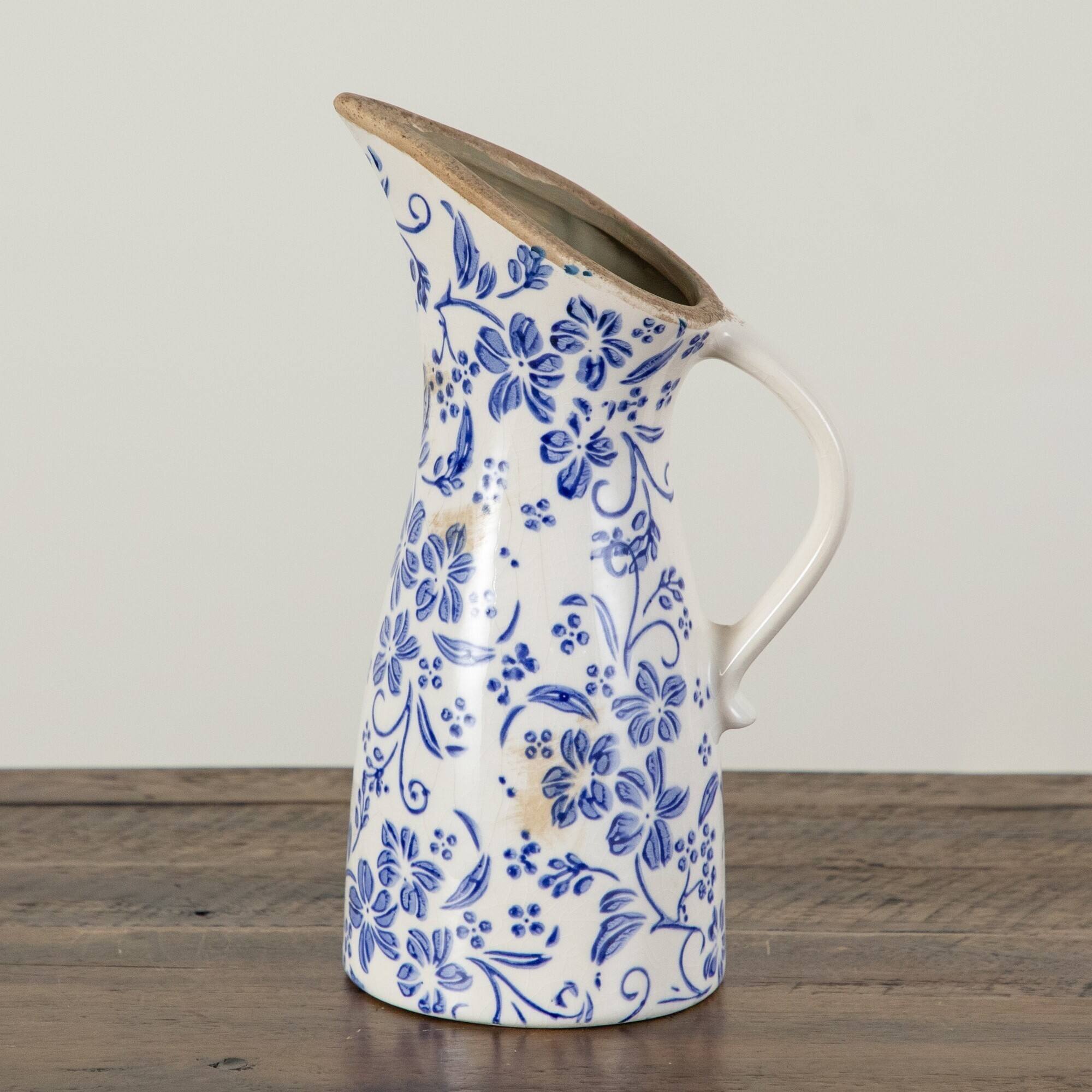 Nearly Natural 10.5" Blue Scroll Floral Tuscan Ceramic Pitcher Vase