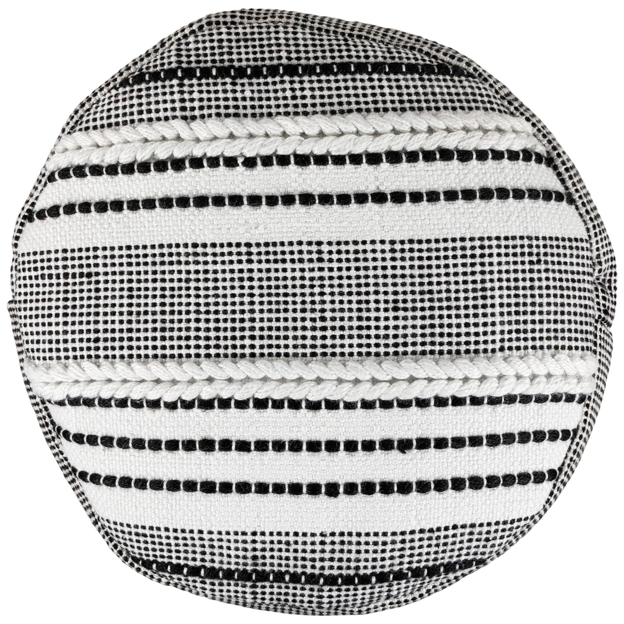 18" White & Black Striped Outdoor Woven Pouf Ottoman